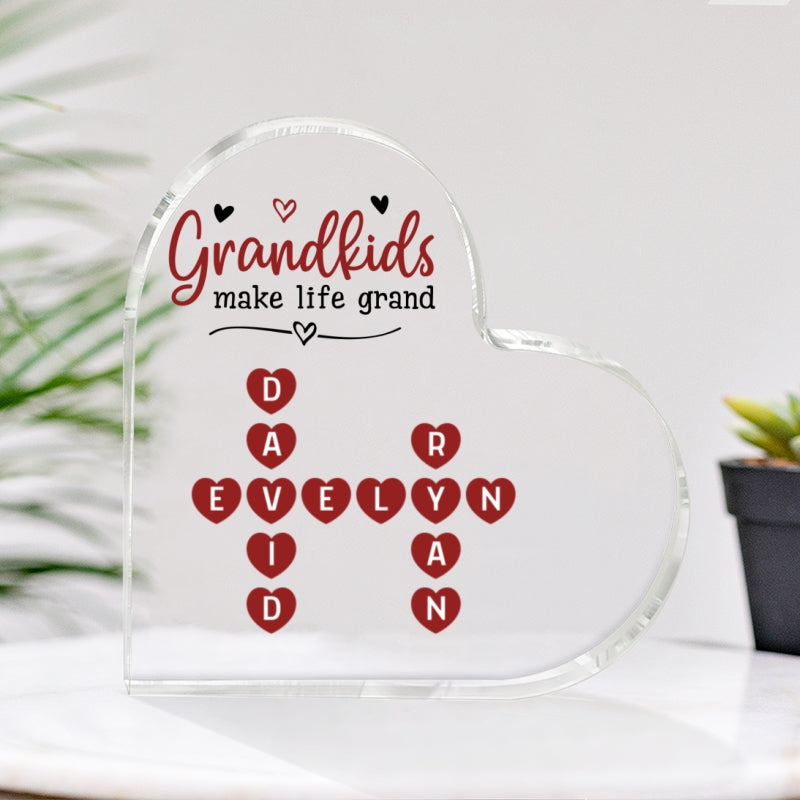 Grandkids Make Life Grand Heartfelt Crossword Puzzle Art Gift For Grandma Personalized Heart Acrylic Block Plaque