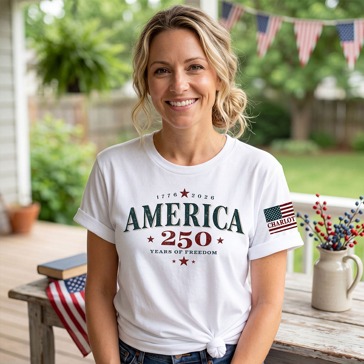 Retro America 250th Anniversary 250 Years Of Freedom - Personalized Sleeve Printed Shirt - Family Matching Shirt, Patriotic Crew Shirt