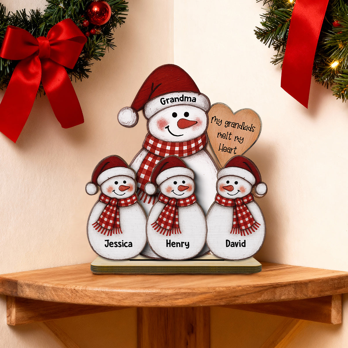 Folk Art Cute Snowman Grandma & Grandkid - Personalized 2-Layer Wooden Plaque - Christmas Decor
