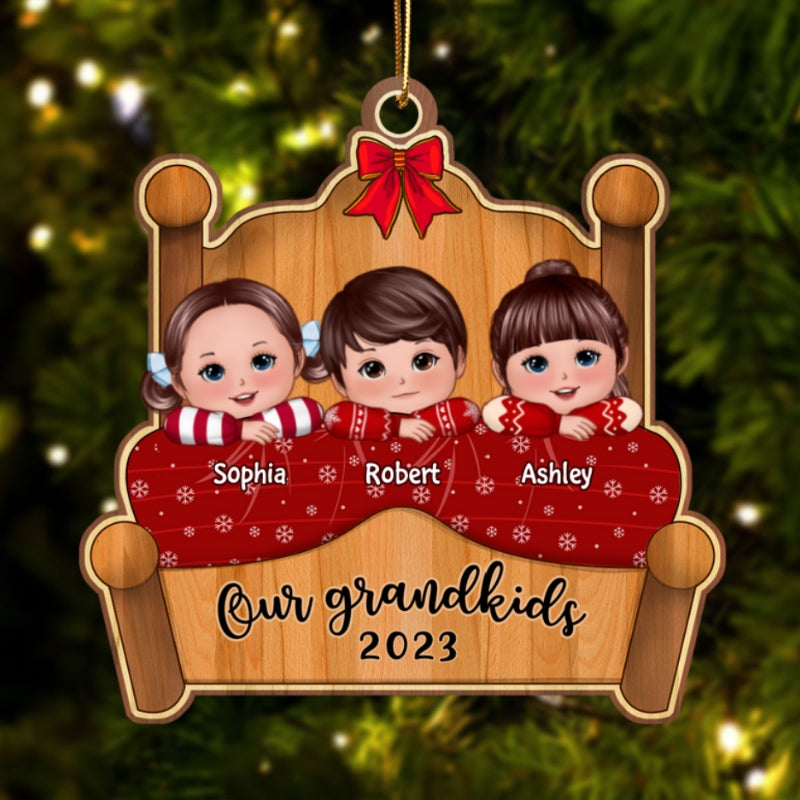 Our Grandkids Joyful Xmas In Bed - Personalized Custom Wooden Ornament