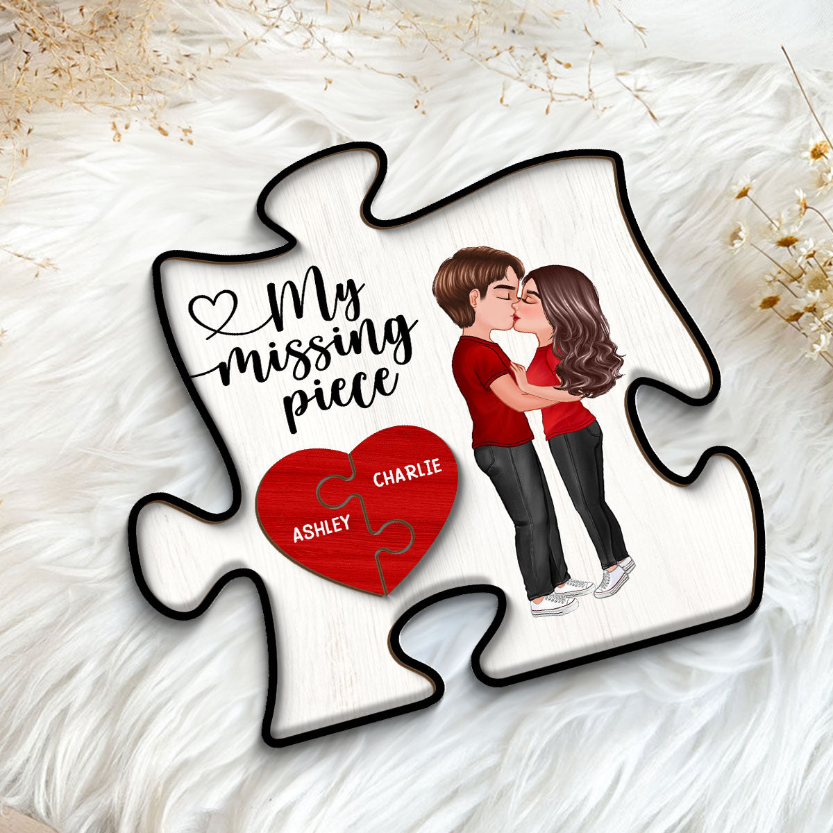 My Missing Piece Doll Couple Kissing Valentine‘s Day Gift Puzzle Shaped Personalized 2-Layer Wooden Plaque