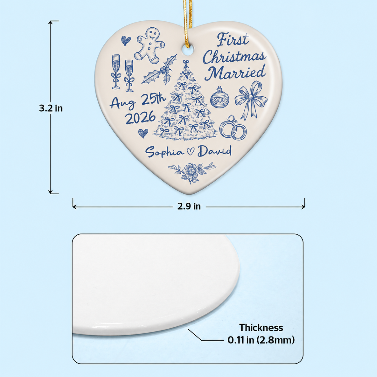 First Christmas Married Toile De Jouy Pattern - Personalized Ceramic Ornament - Christmas Gift For Him, For Her, For Couple