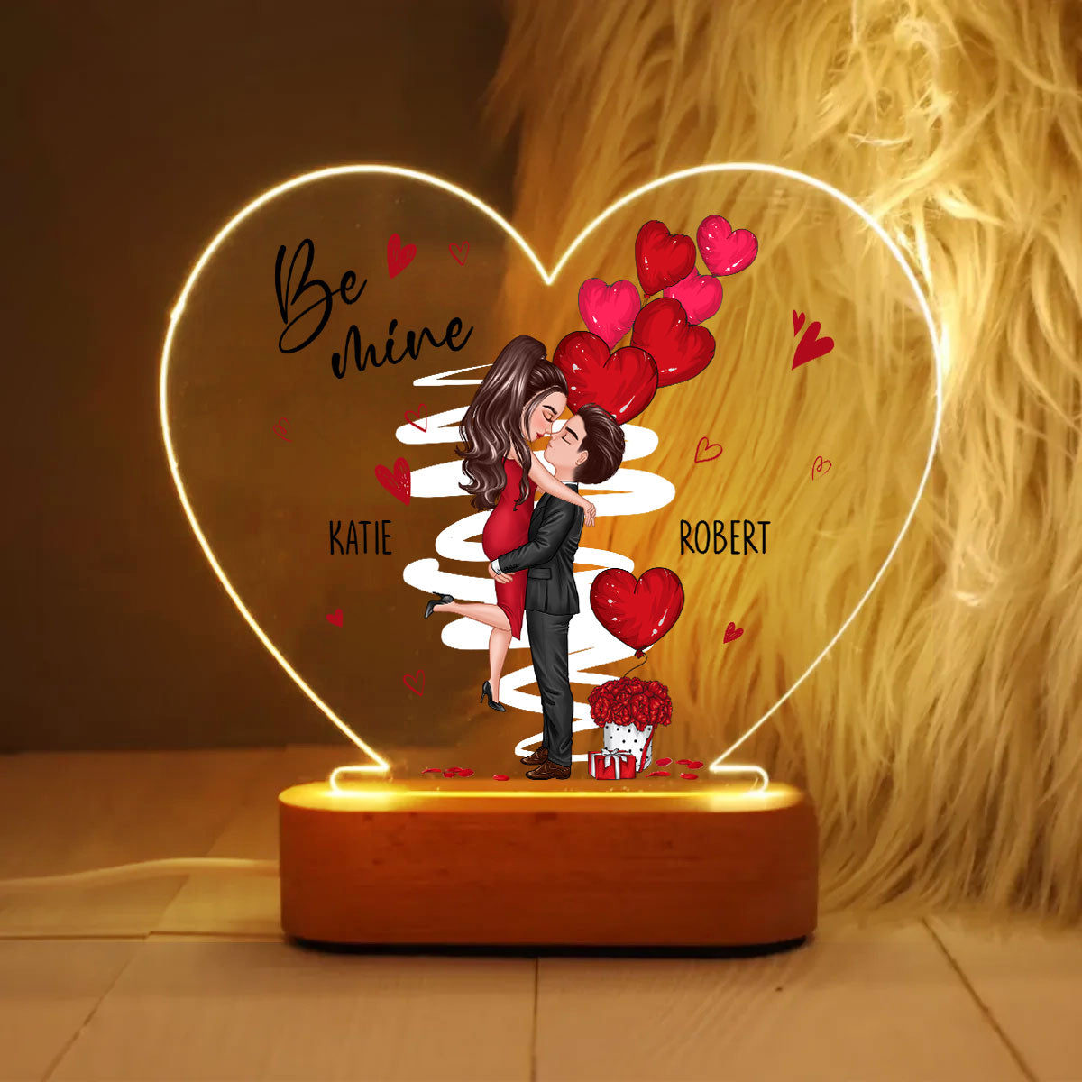 Be Mine Doll Couple Kissing Personalized Heart Plaque LED Night Light - Gift For Him Gift For Her
