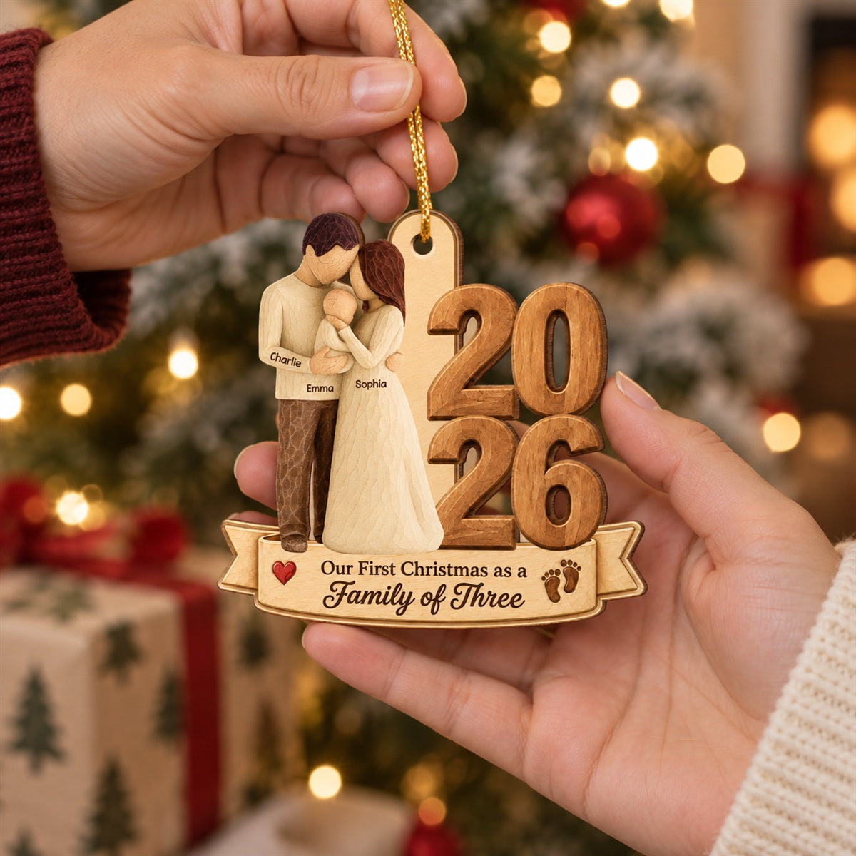 Our First Christmas As Family Of Three Custom Year 2D Flat Printed - Personalized Wooden Ornament - Christmas Tree Keepsake For New Parents
