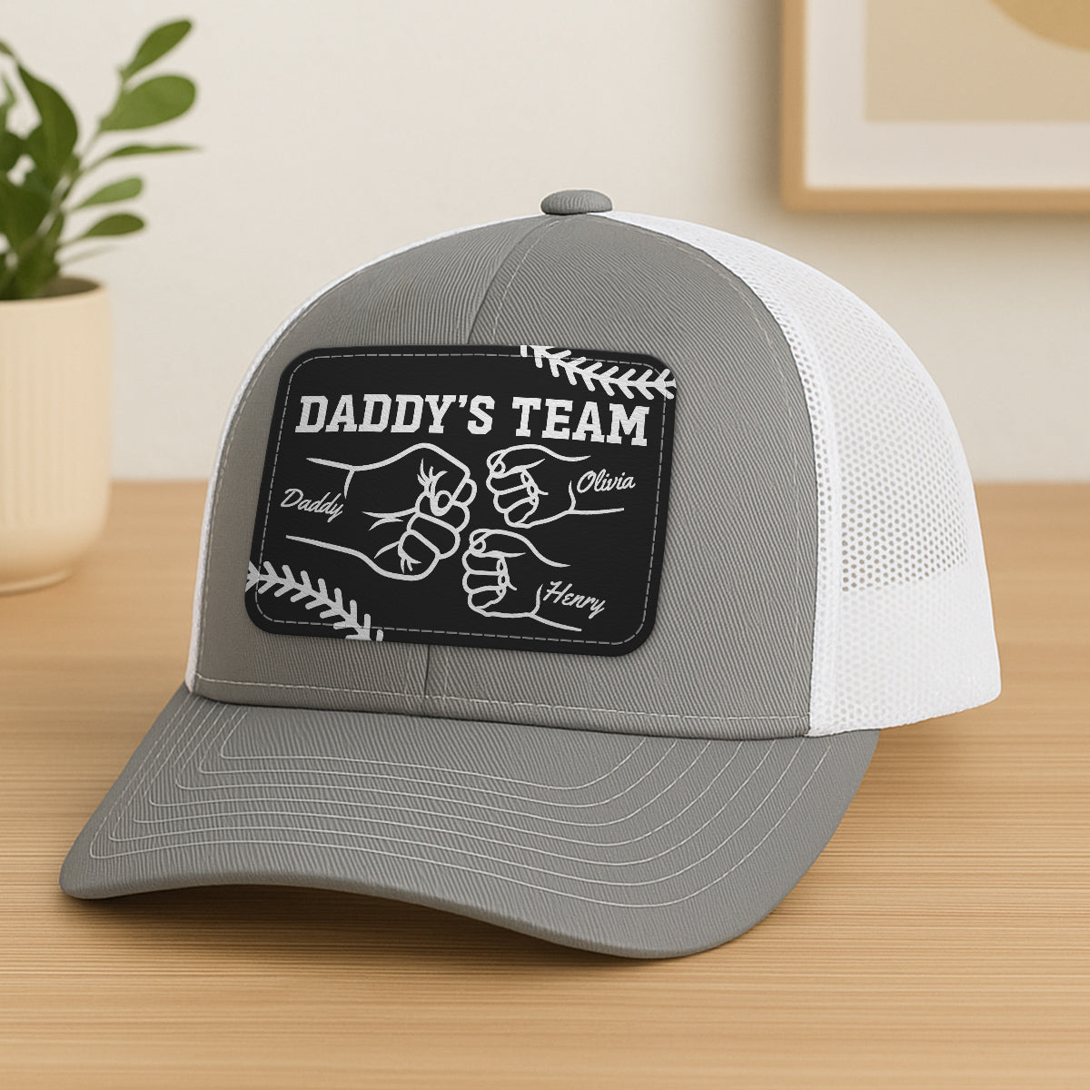 Baseball Daddy's Team Fist Bump Outline Personalized Leather Patch Hat