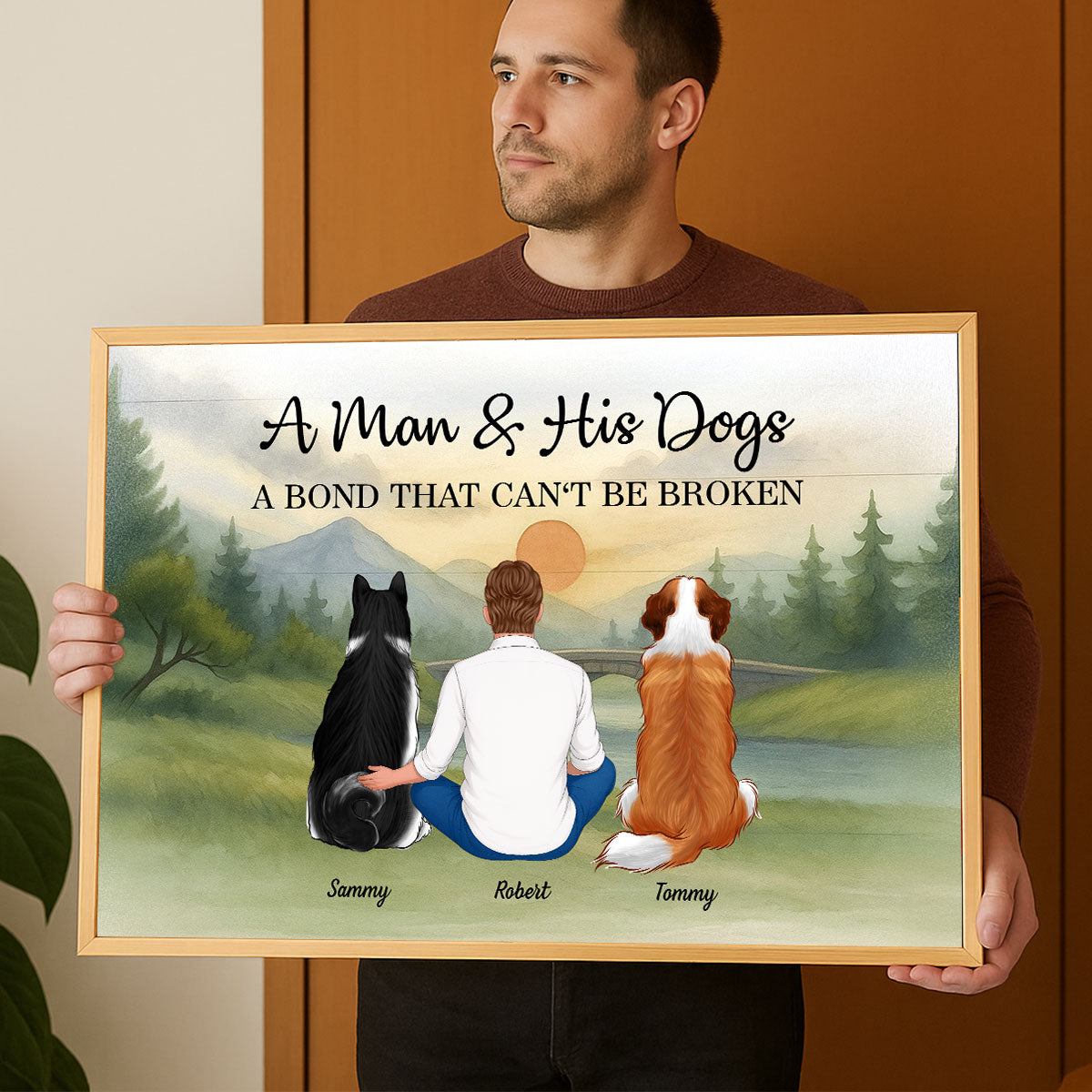 Retro Mountain A Man A Girl And His Dog A Bond That Can't Be Broken Personalized Poster, Gift for Dog Dad, Dog Mom