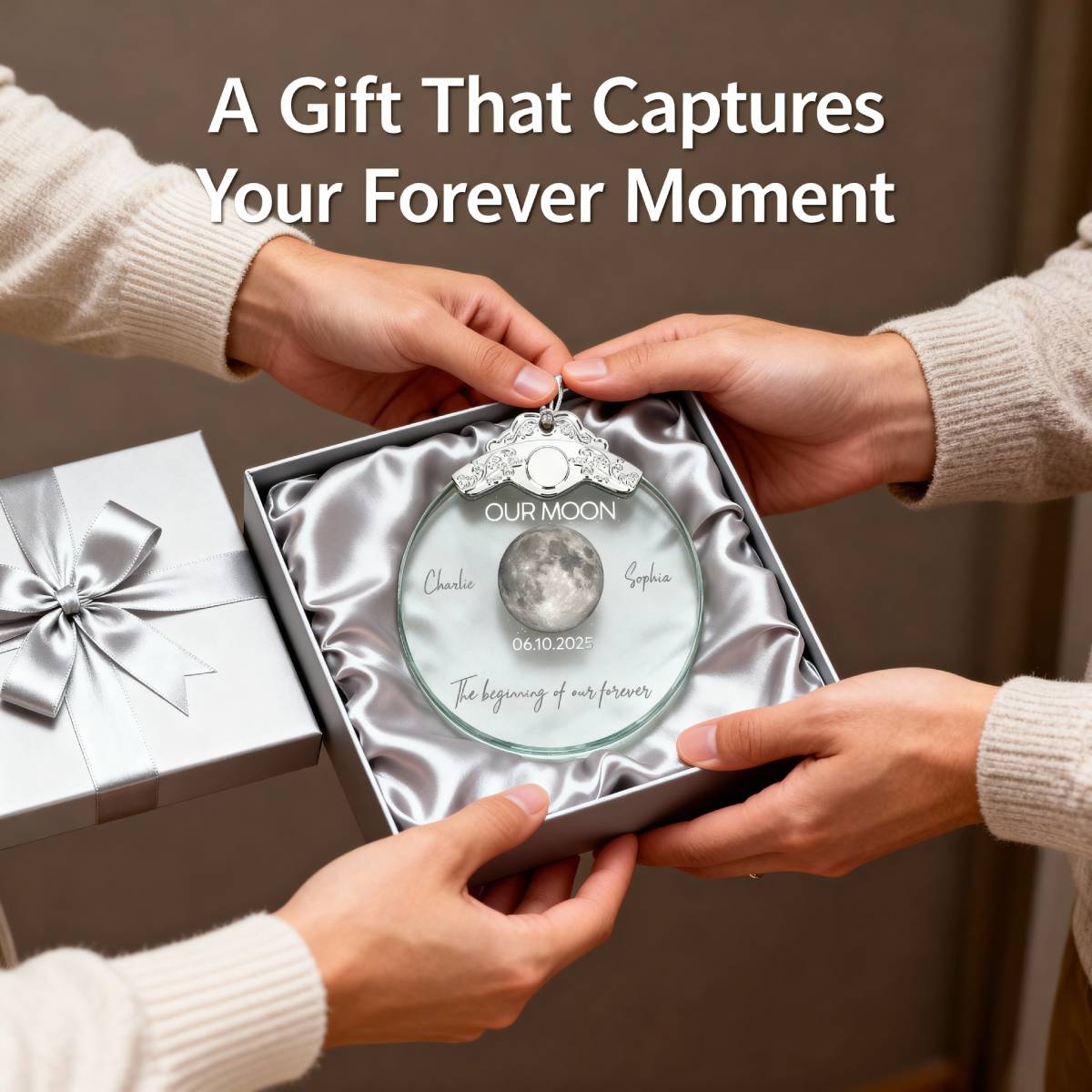 Custom Moon Phase Couple Anniversary Date The Beginning Of Our Forever - Personalized Glass Ornament With Silver Cap