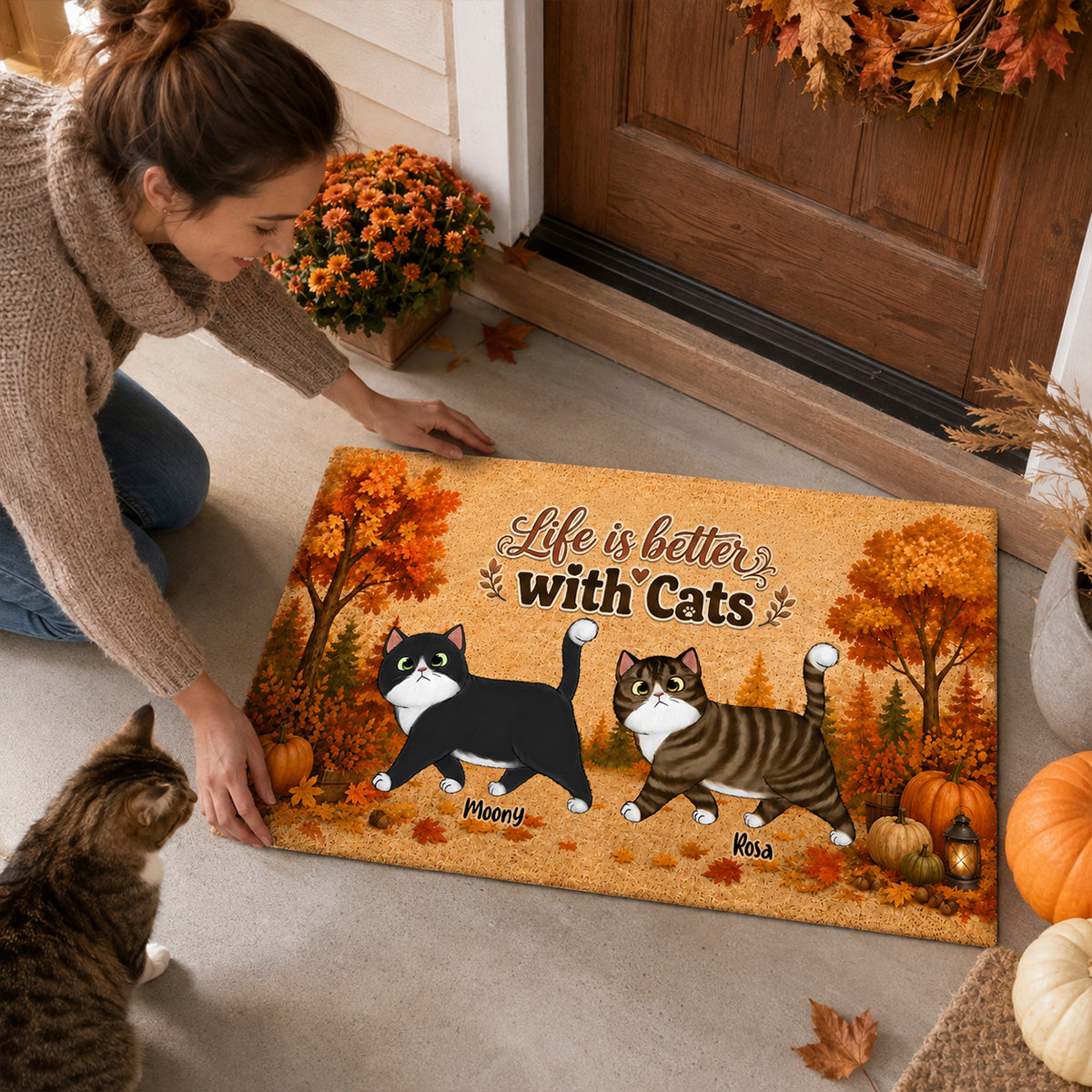 Walking Cat Fall Season - Personalized Doormat - Fall Season Decor Gift, Gift For Cat Lovers