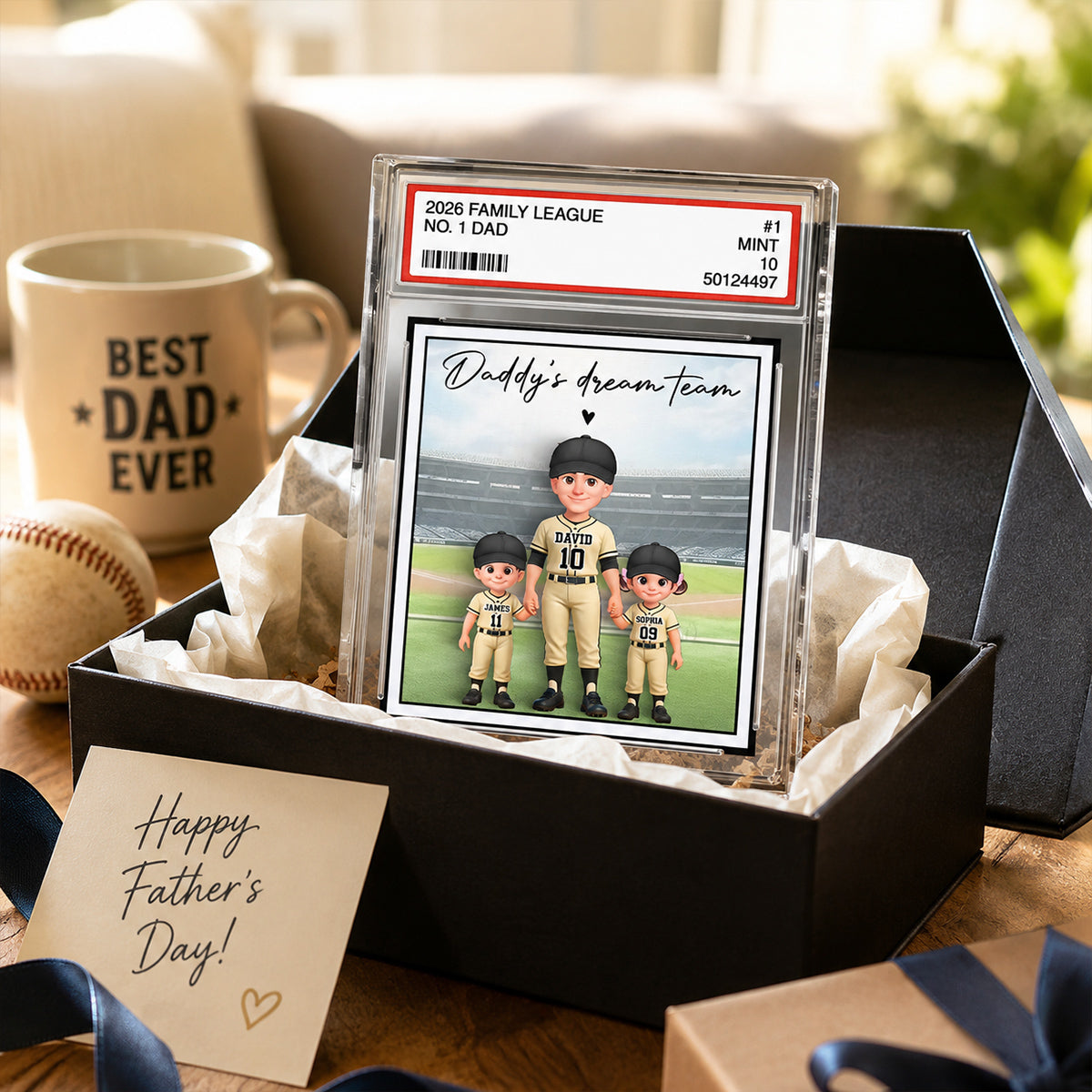 Baseball No. 1 Dad Man & Kids Standing On Court Trading Card Style - Personalized Acrylic Block Plaque - Father's Day Gift For Baseball Dad