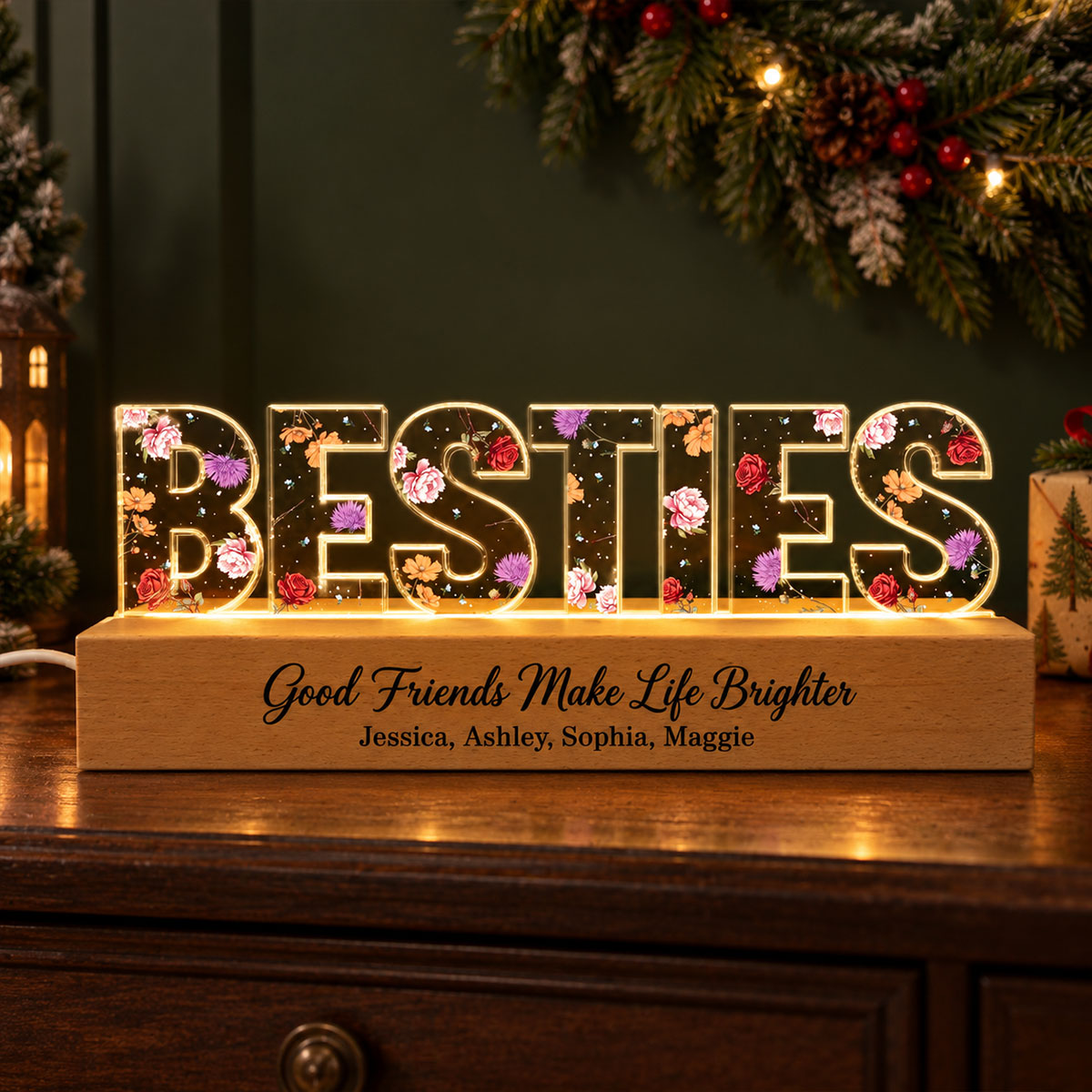 Besties Forever Together Custom Birth Month Flowers - Personalized Acrylic Plaque LED Night Light - Christmas Gift Best Friends, Besties