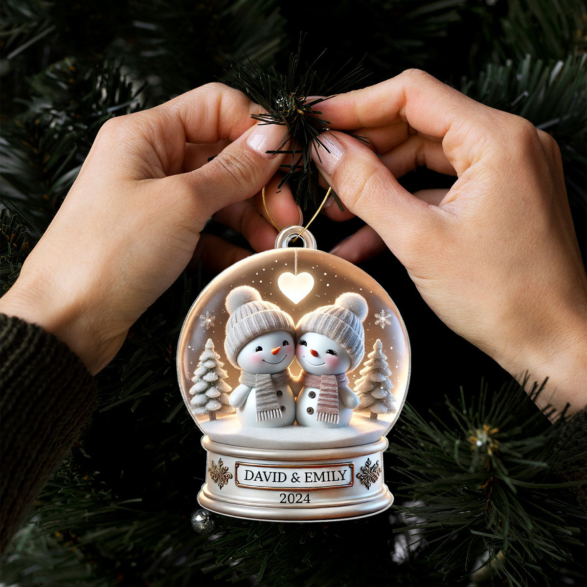 Snow Globe Snowman Couple White Christmas Acrylic Ornament, Personalized Couple 3D Effect Ornament, Christmas Gift For Married Engaged Couples, For Couples