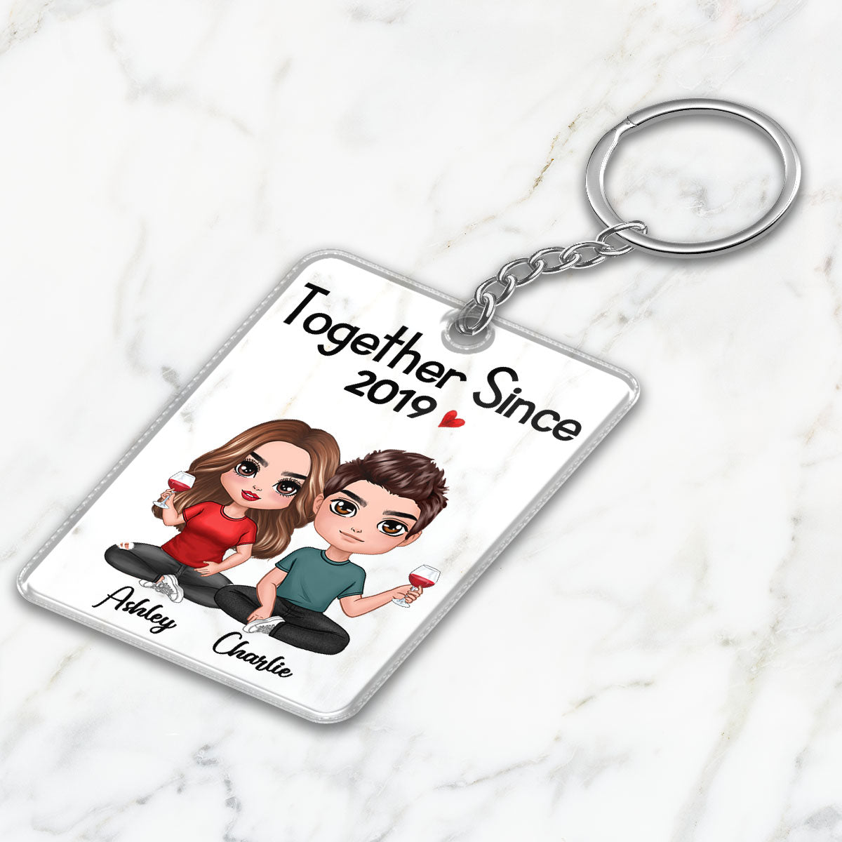 Doll Couple Sitting Together Since Personalized Acrylic Keychain - Anniversary Gift For Couple - Gift For Him, Gift For Her