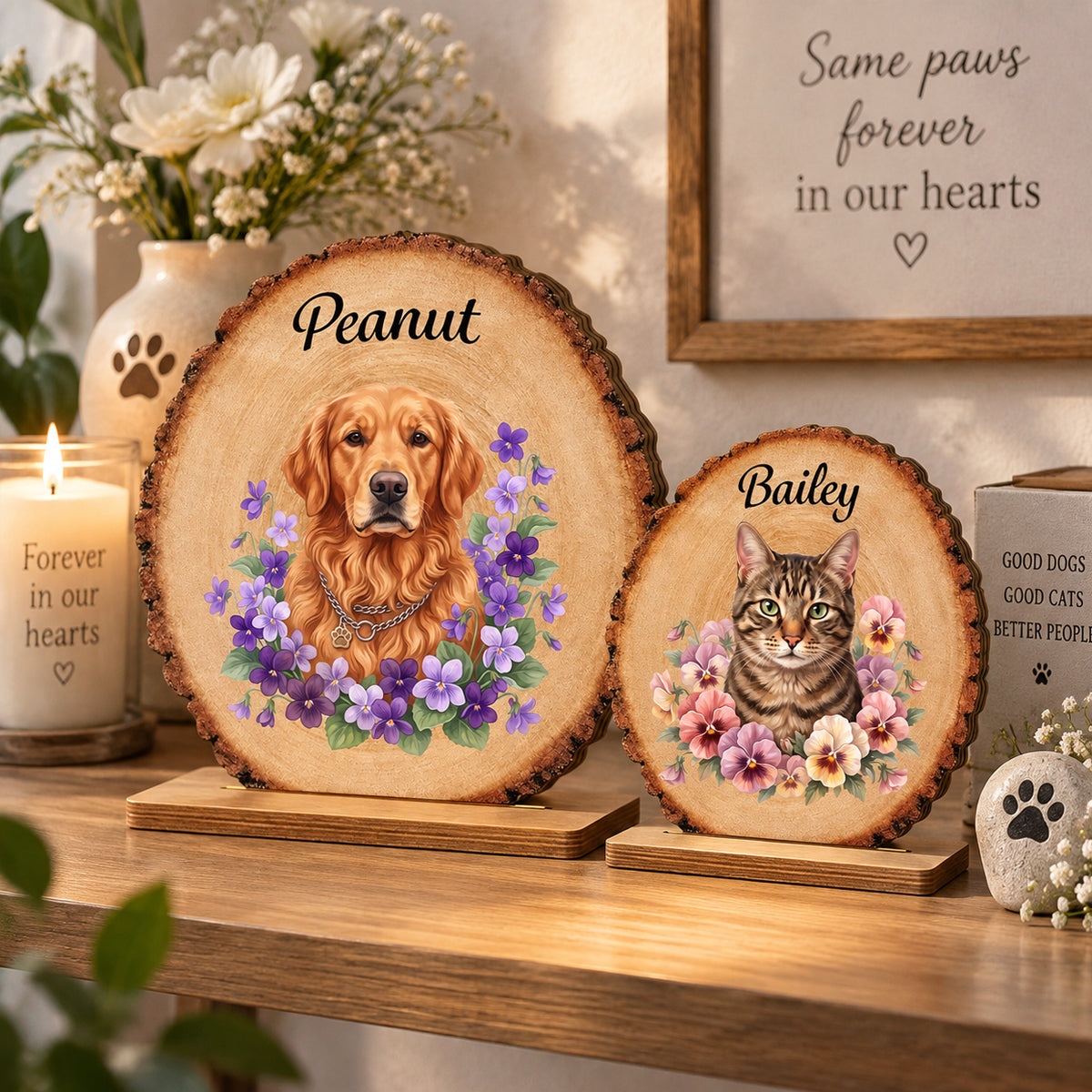 Custom Pet Portrait And Flowers - Personalized 2-Layered Wooden Plaque - Memorial Gift For Pet Lovers