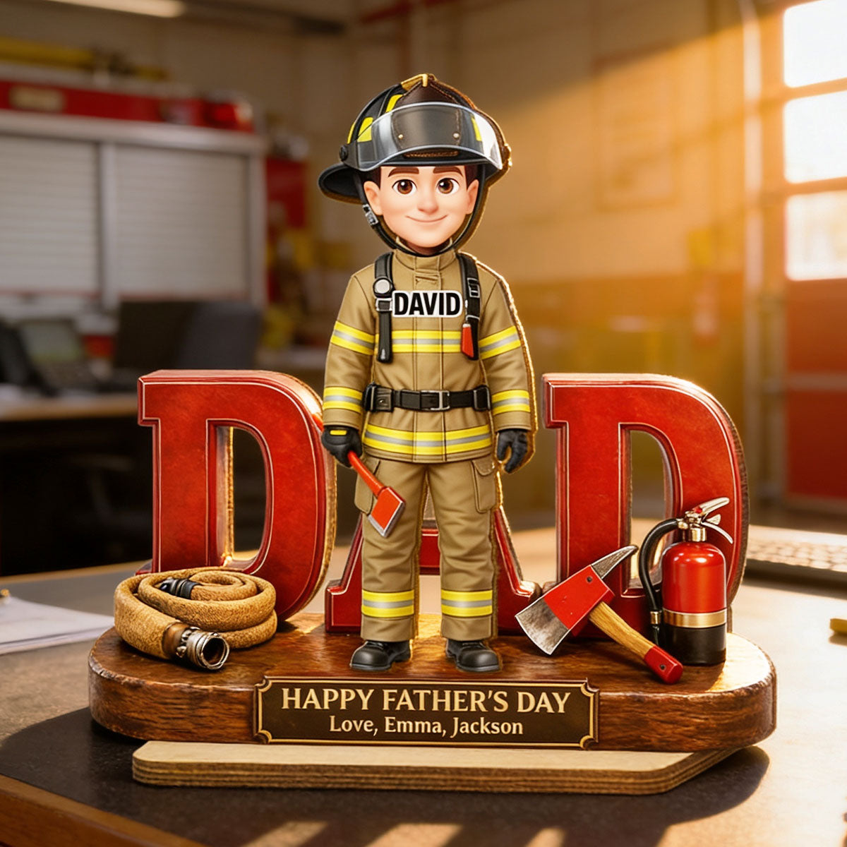 Proud American Firefighter Dad - Personalized 2-Layered Wooden Plaque - Father's Day Gift For Dad