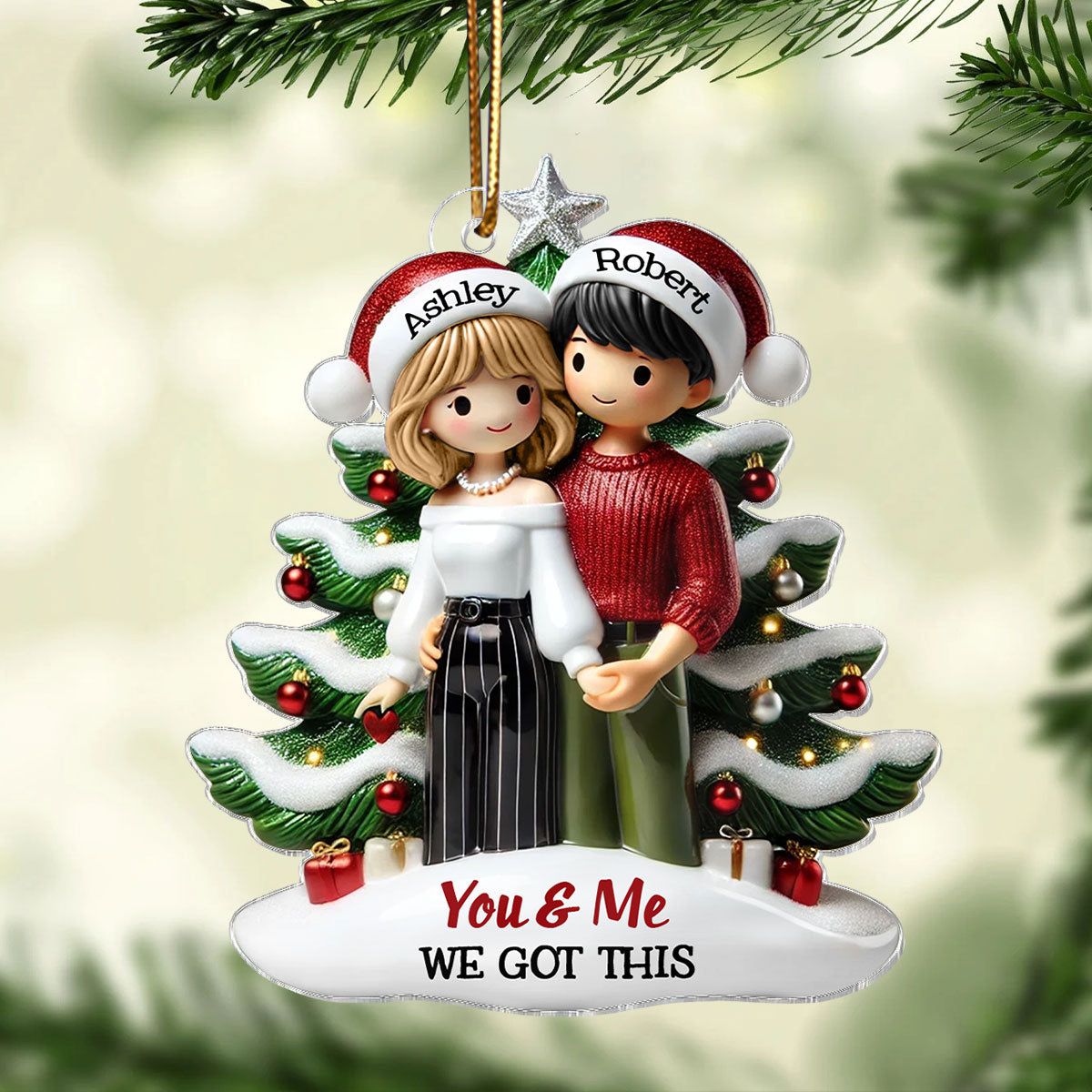 Couple Standing In Front Of The Christmas Tree Personalized 2D Flat Acrylic Ornament,  Christmas Gift For Him, For Her