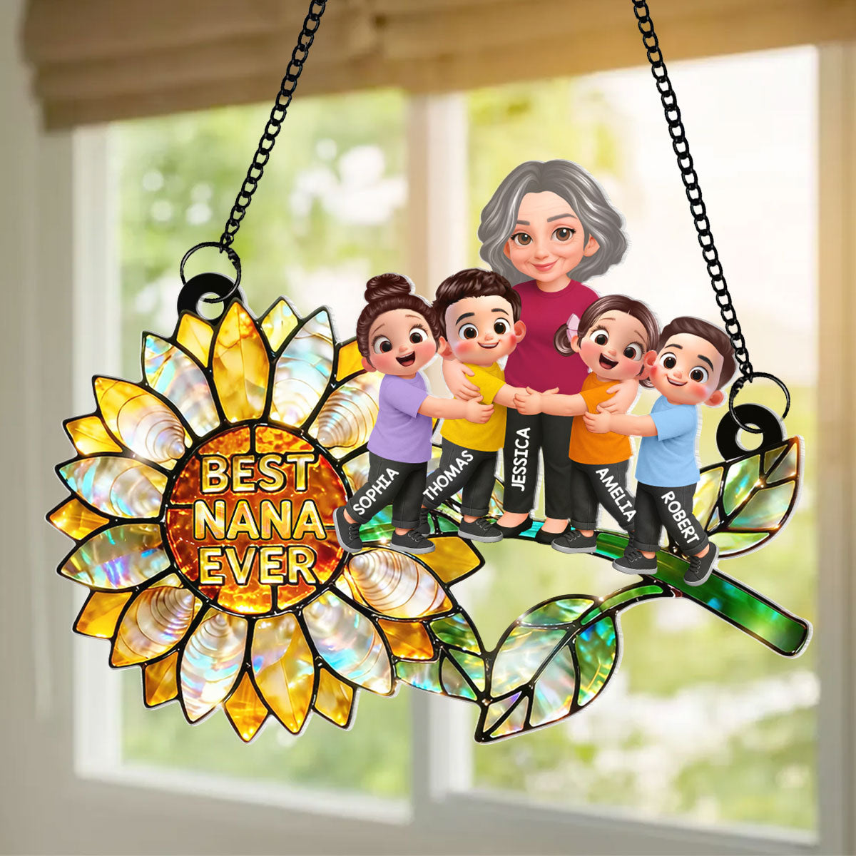 Sunflower Grandma Hugging Grandkids - Personalized Window Hanging Suncatcher - Mother's Day Gift for Mom, Wife