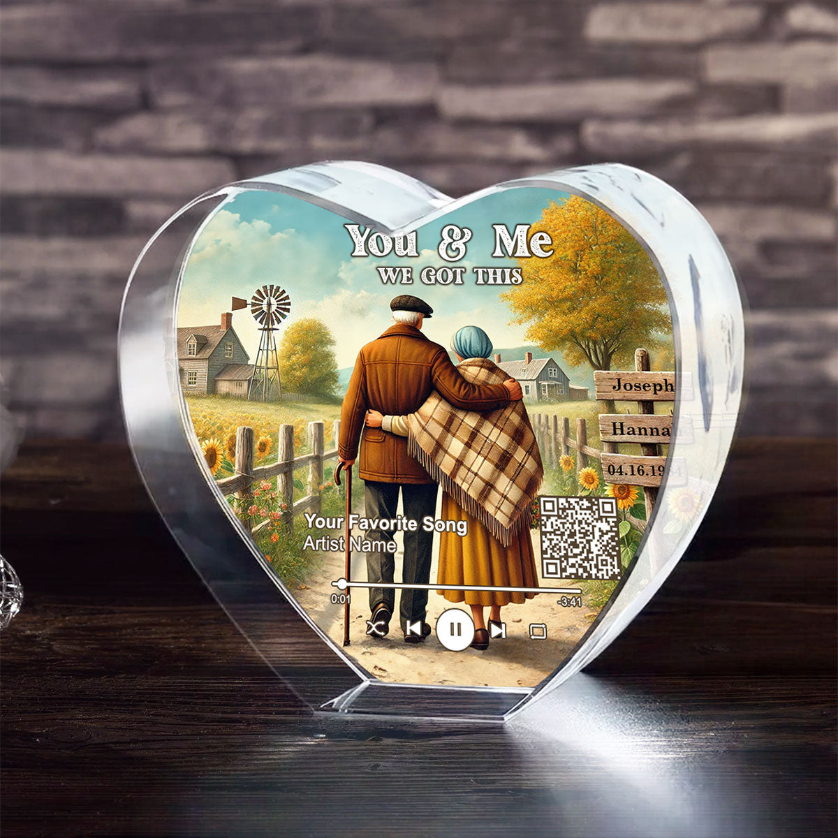 Couple Growing Old Together Favorite Song Scannable QR Code Personalized Premium Crystal Heart LED, Free Shipping Included