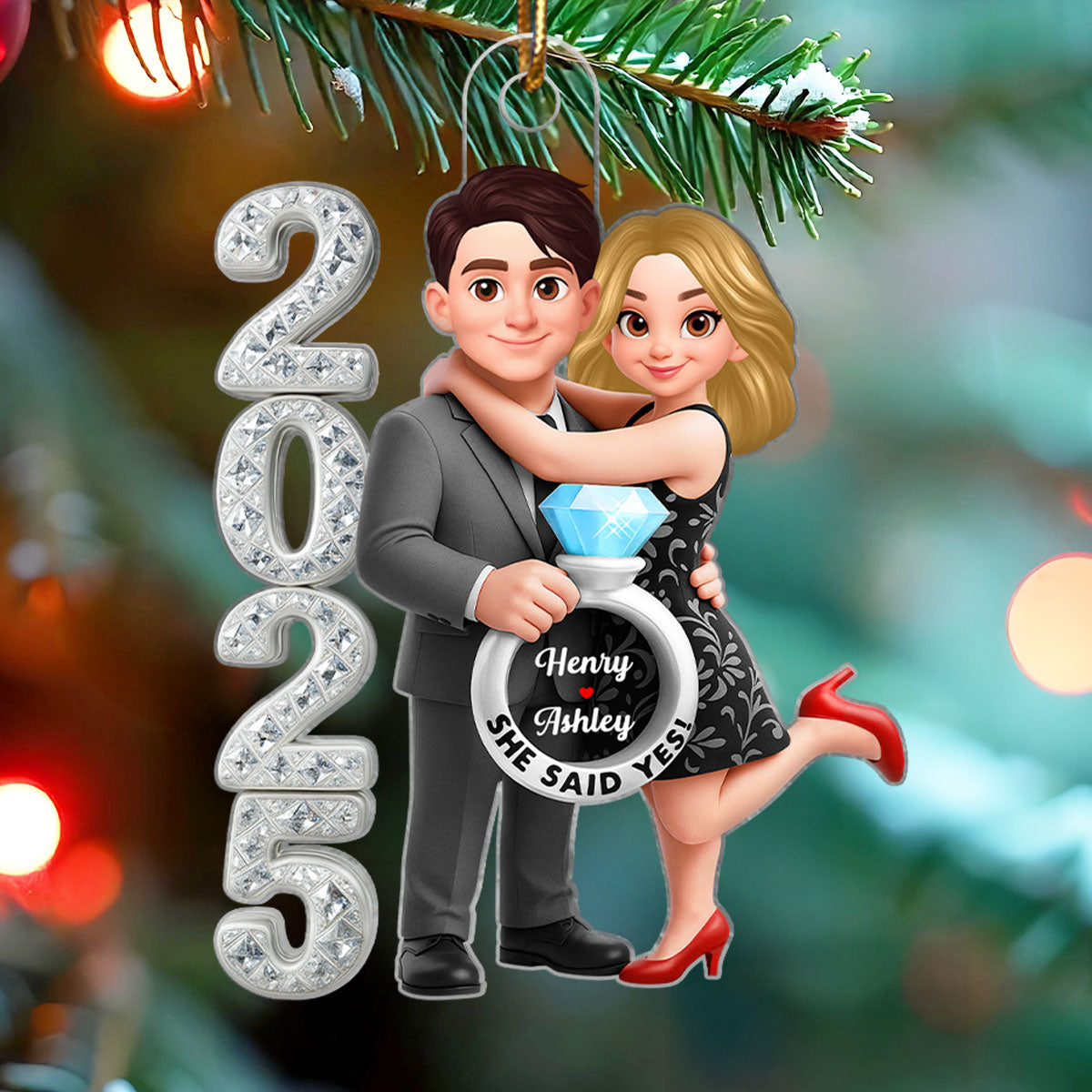 3D Crystal Effect Marriage Proposal Couple - Personalized Acrylic Ornament - Newly Engaged Gift, "She Said Yes!" Ornament