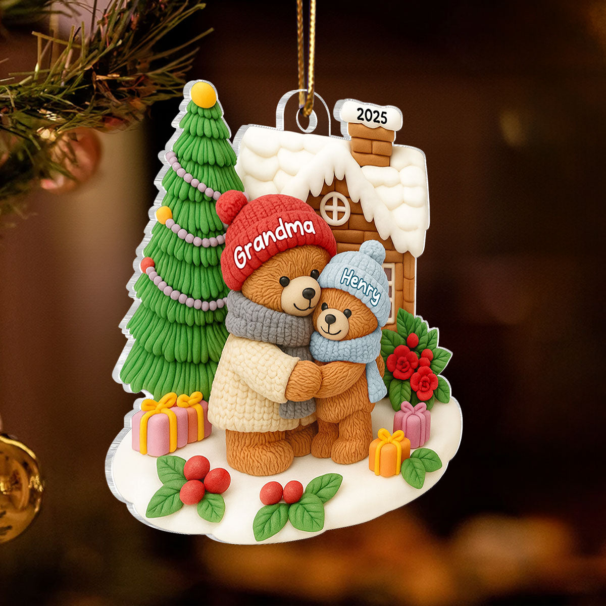 Grandma Bear Hugging Grandkids Personalized Acrylic Ornament, Christmas Gift for Granddaughter, Grandson, Grandkids