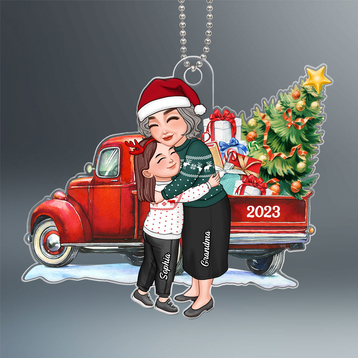 Grandma & Grandkid Hugging By Christmas Truck Personalized Acrylic Ornament