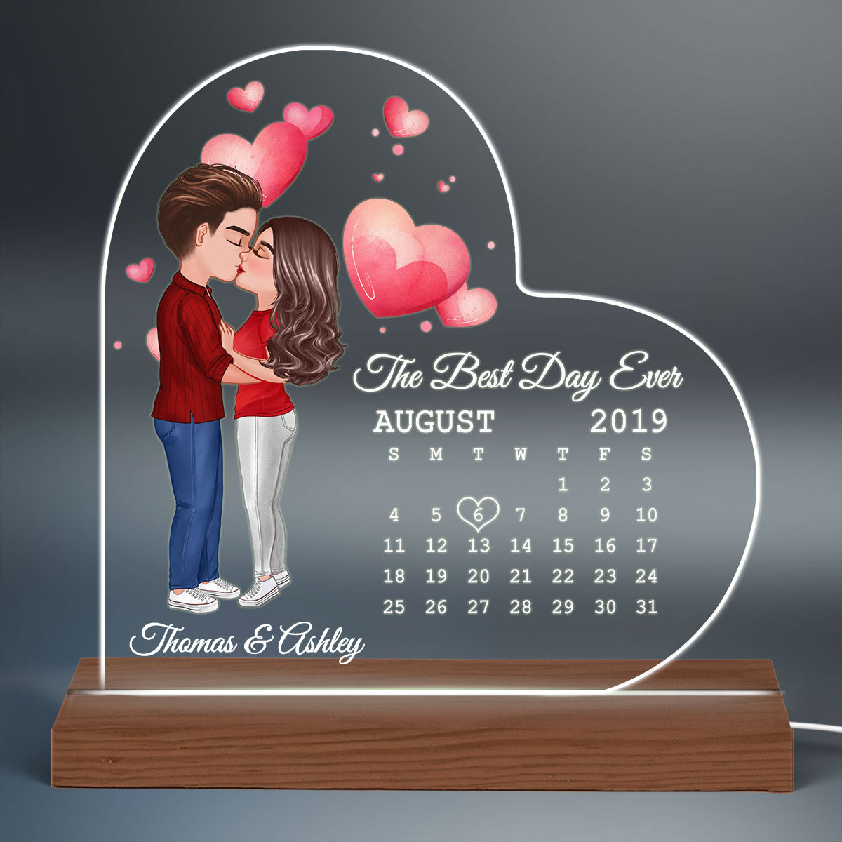 Doll Couple Kissing Calendar Anniversary Date Personalized Heart Shaped Acrylic Plaque With LED Night Light - Anniversary Gift For Couple - Gift For Him, Gift For Her