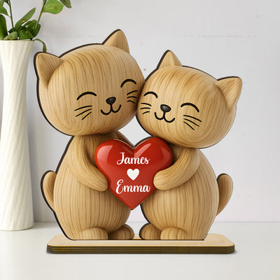3D Effect Cat Couple Love Personalized Flat Standing Wooden Plaque| Heartfelt Birthday Gift, Anniversary Gift for Couple