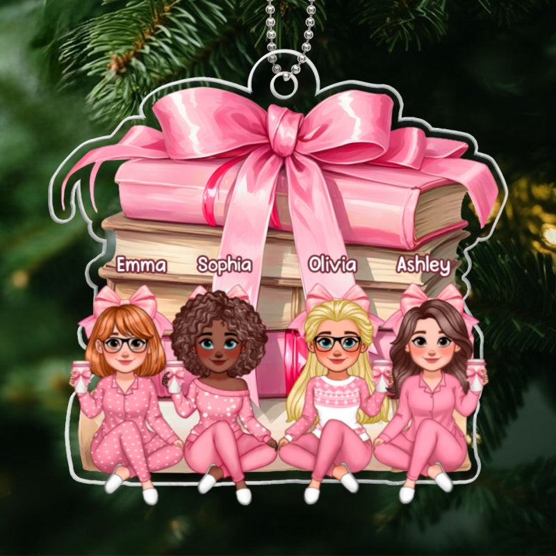 Coquette Stack of Book Besties Sitting Personalized Acrylic Ornament, Gift for Book Lovers