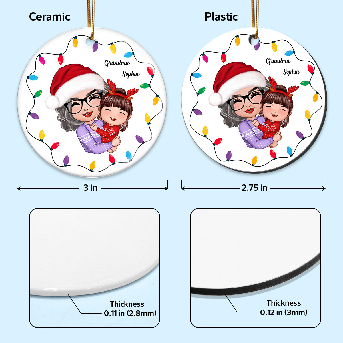 Christmas Light Strings Doll Grandma Hugging Kid Gift For Granddaughter Grandson Personalized Circle Ornament