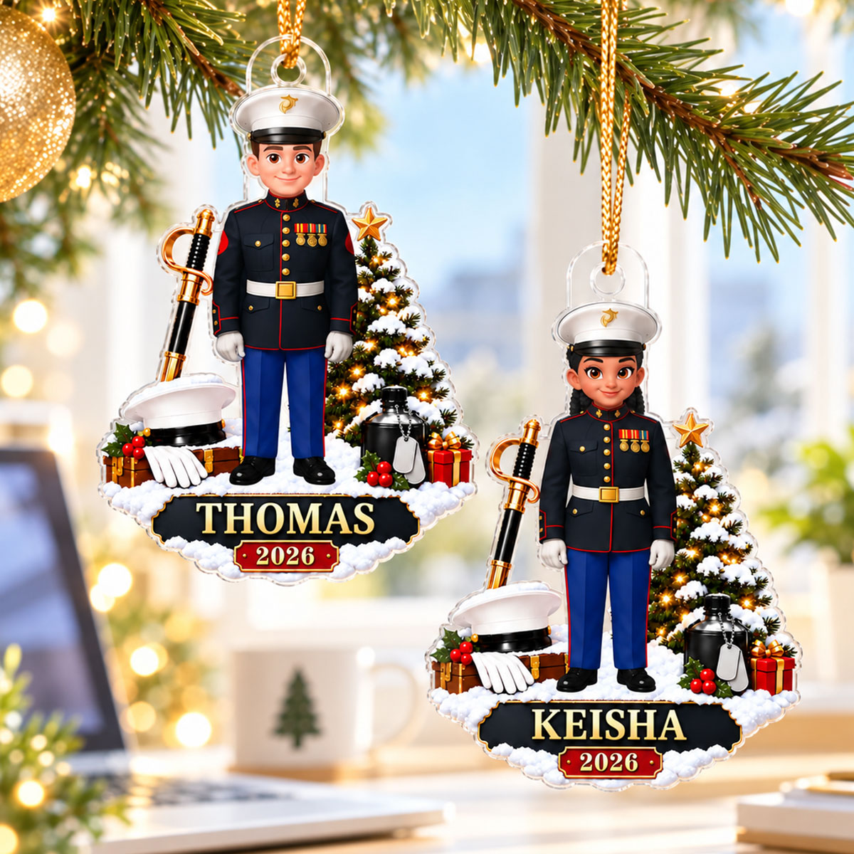 Marine Uniform Custom Name & Year - Personalized Acrylic Ornament - Christmas Gift For Marines, Marine Veterans, Husband, Grandkids