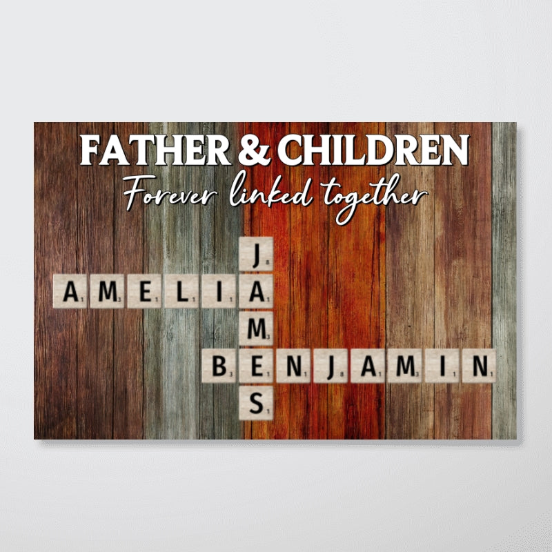 Father & Daughters Sons Forever Linked Together Crossword Puzzle Art Rustic Personalized Poster, Heartfelt Gift For Dad
