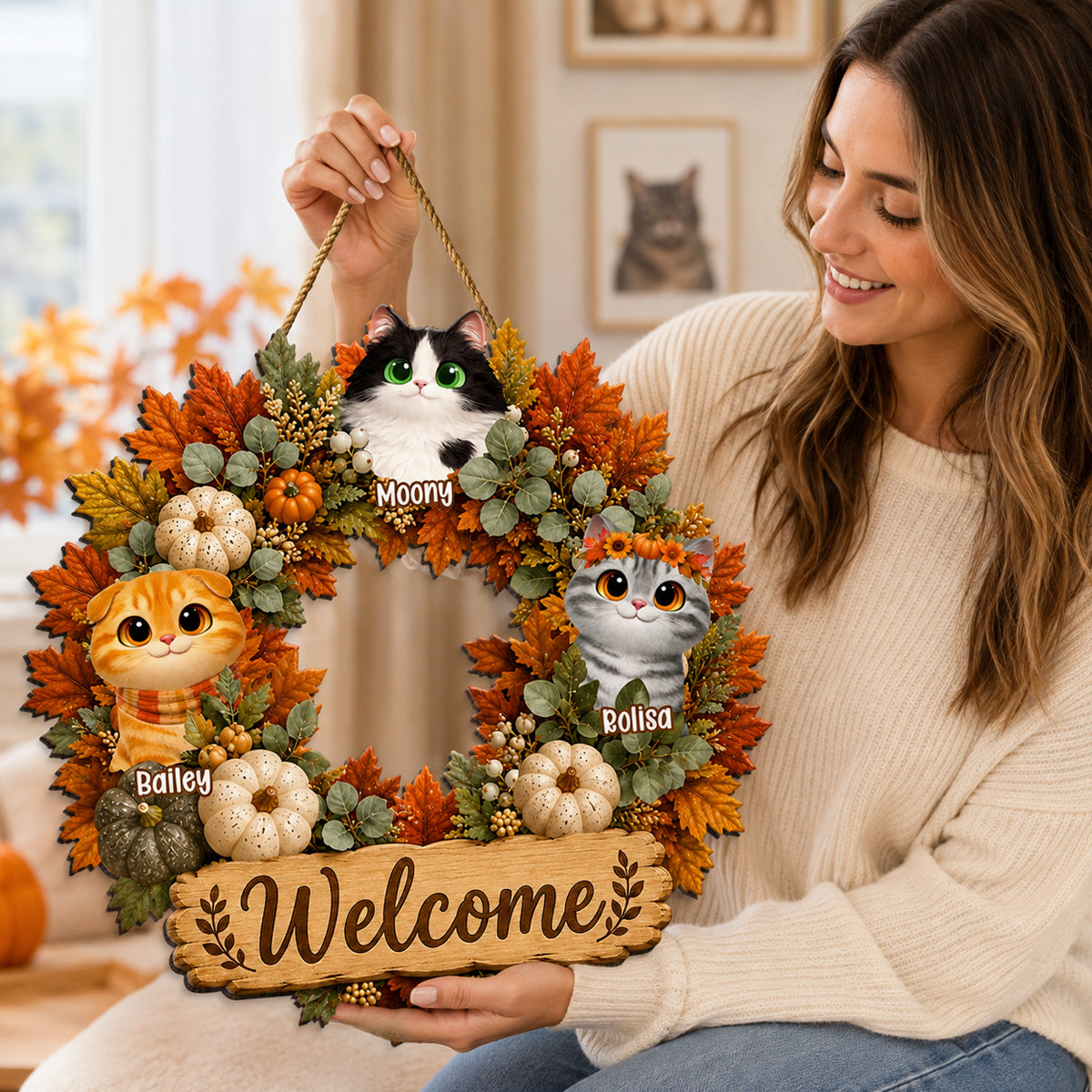 Fall Pumpkin Wreath Cats - Personalized Door Sign - Fall Season Decor Gift, Gift For Cat Lovers