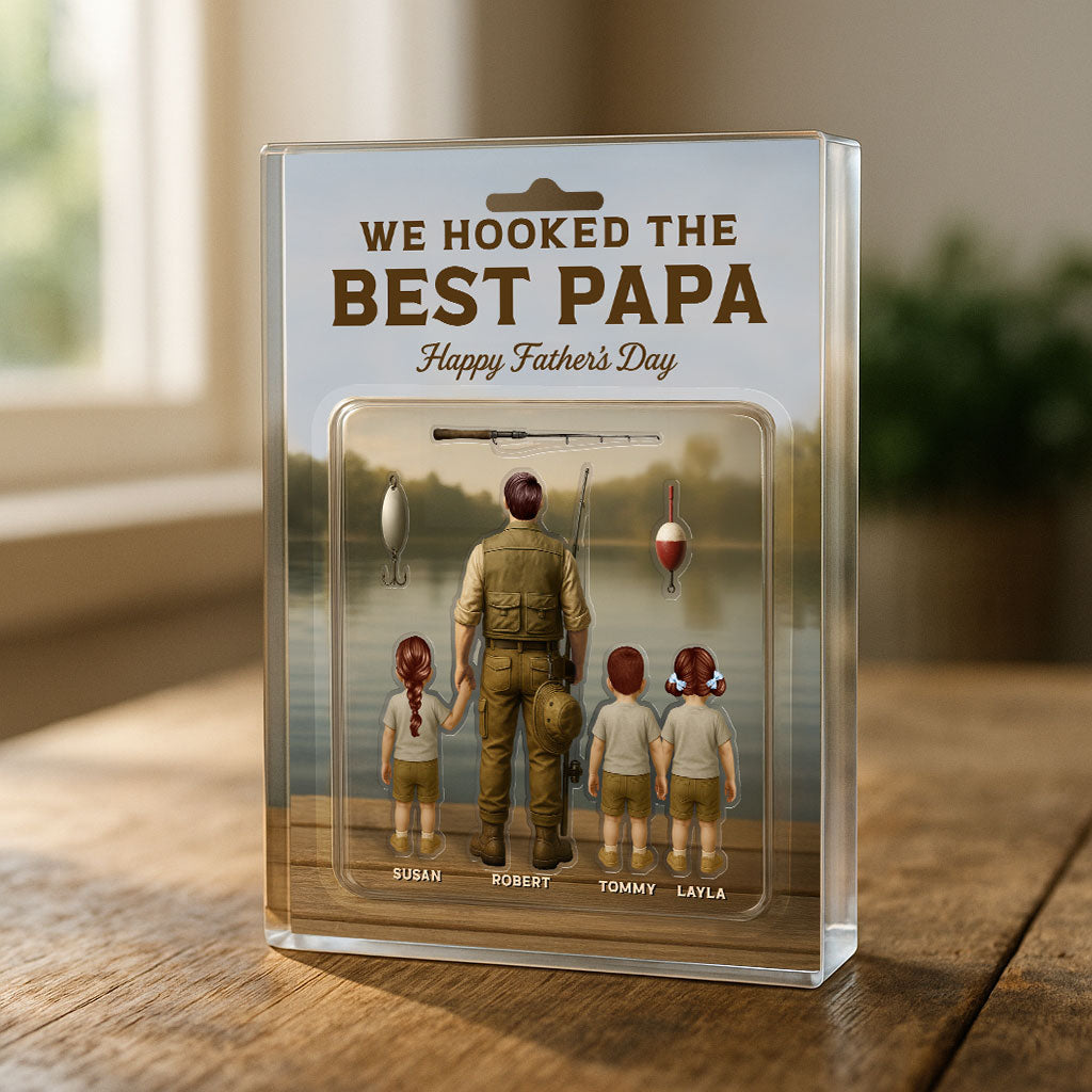 Dad And Kids Fishing Together Custom Figure Personalized Acrylic Block Plaque, Father's Day Gift For Fishing Dad, For Grandpa, For Husband
