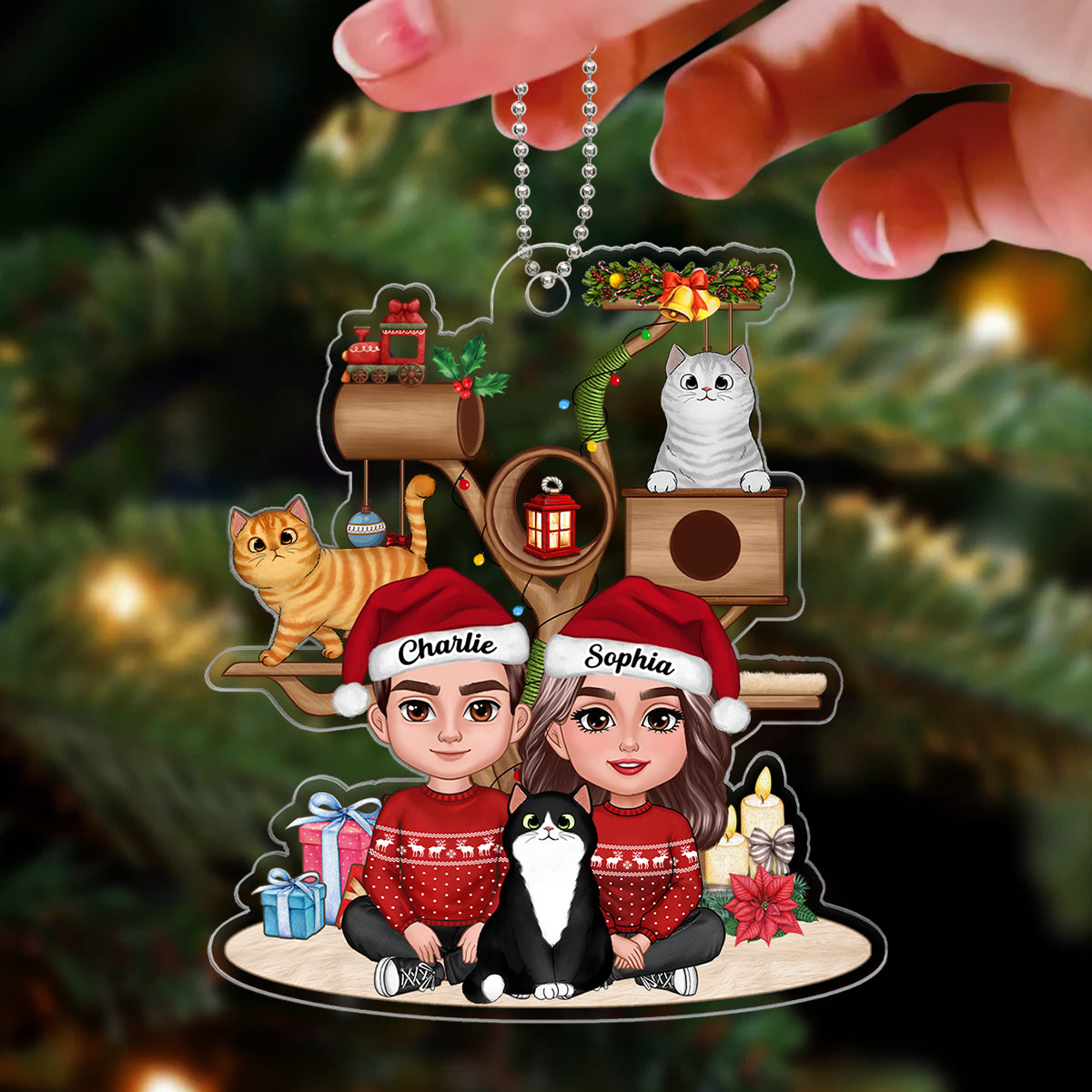 Couple & Cats By Christmas Cat Tower Gift For Cat Lover Personalized Acrylic Ornament