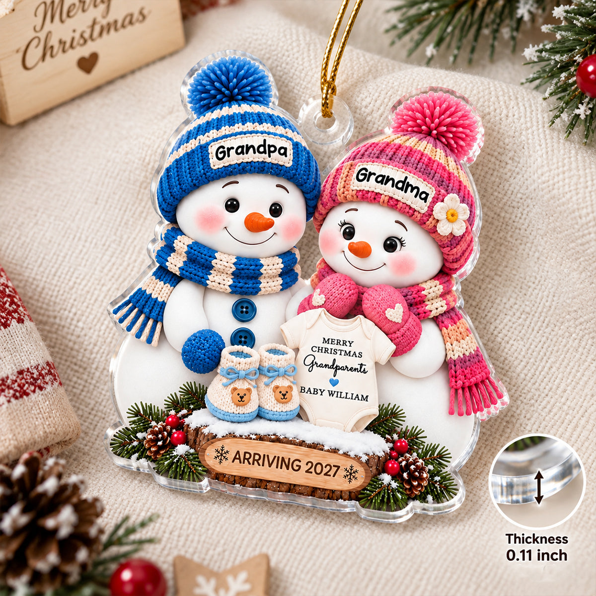Promoted To Grandparents Cute Snowman 2D Flat - Personalized Acrylic Ornament - First Christmas Gift For New Grandparents, Pregnancy Announcement