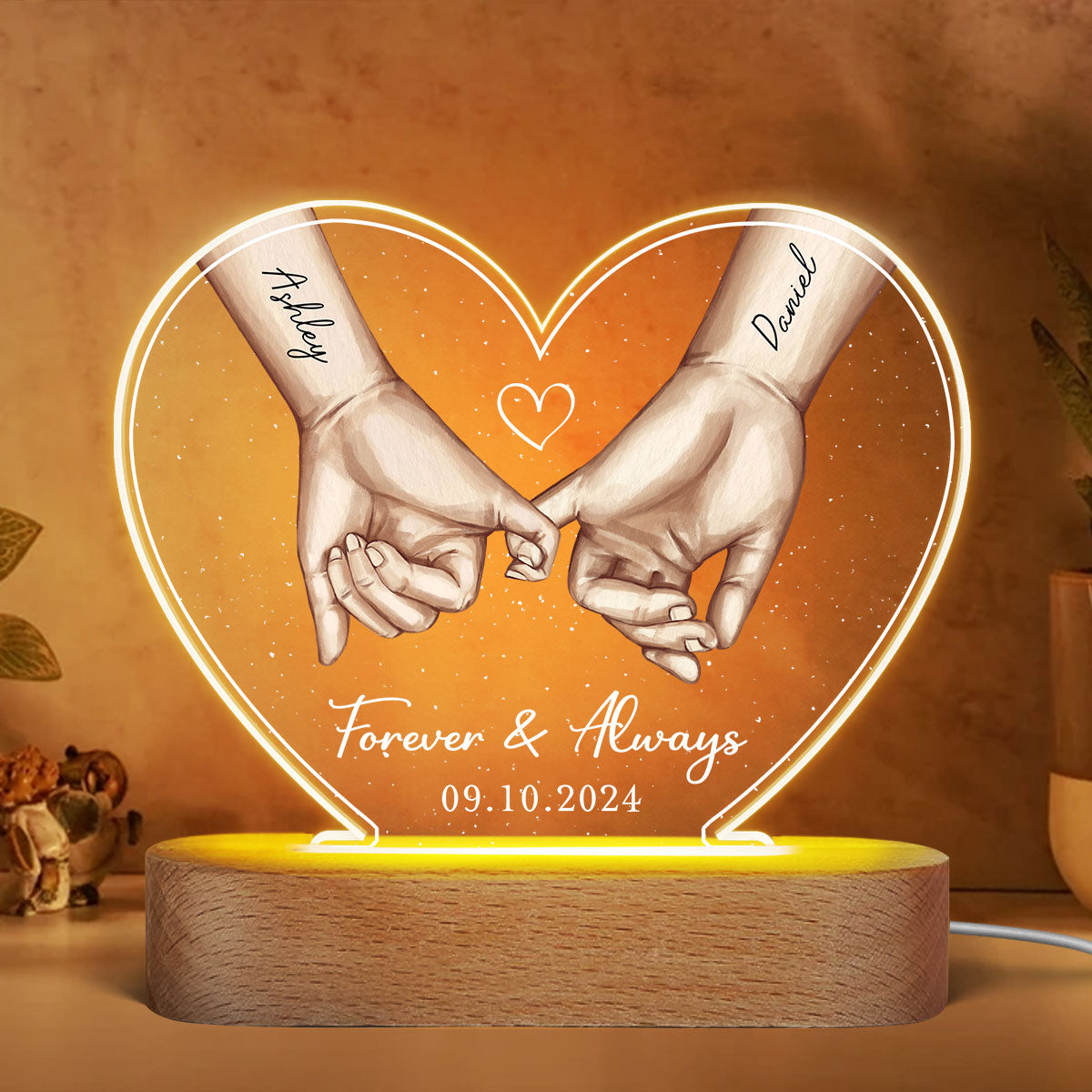 Personalized Couple Hands Pinky Promise Acrylic Heart LED Night Light,  gift, Anniversary Gift for Couples