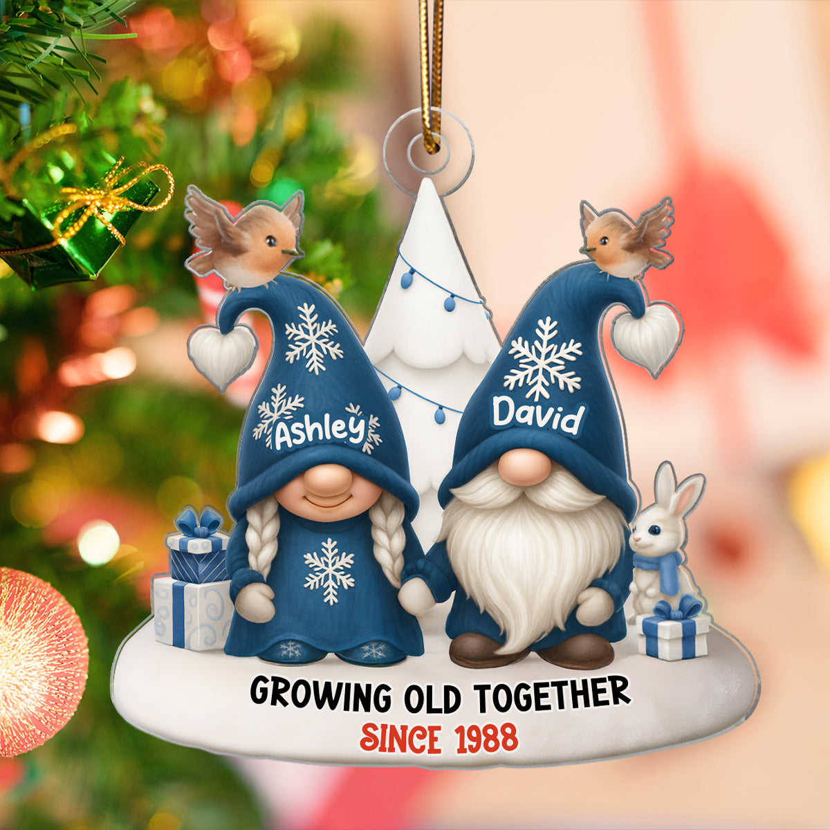 Blue Gnome Christmas Couple Growing Old Together Personalized Acrylic Ornament, Gift for him, Gift for her