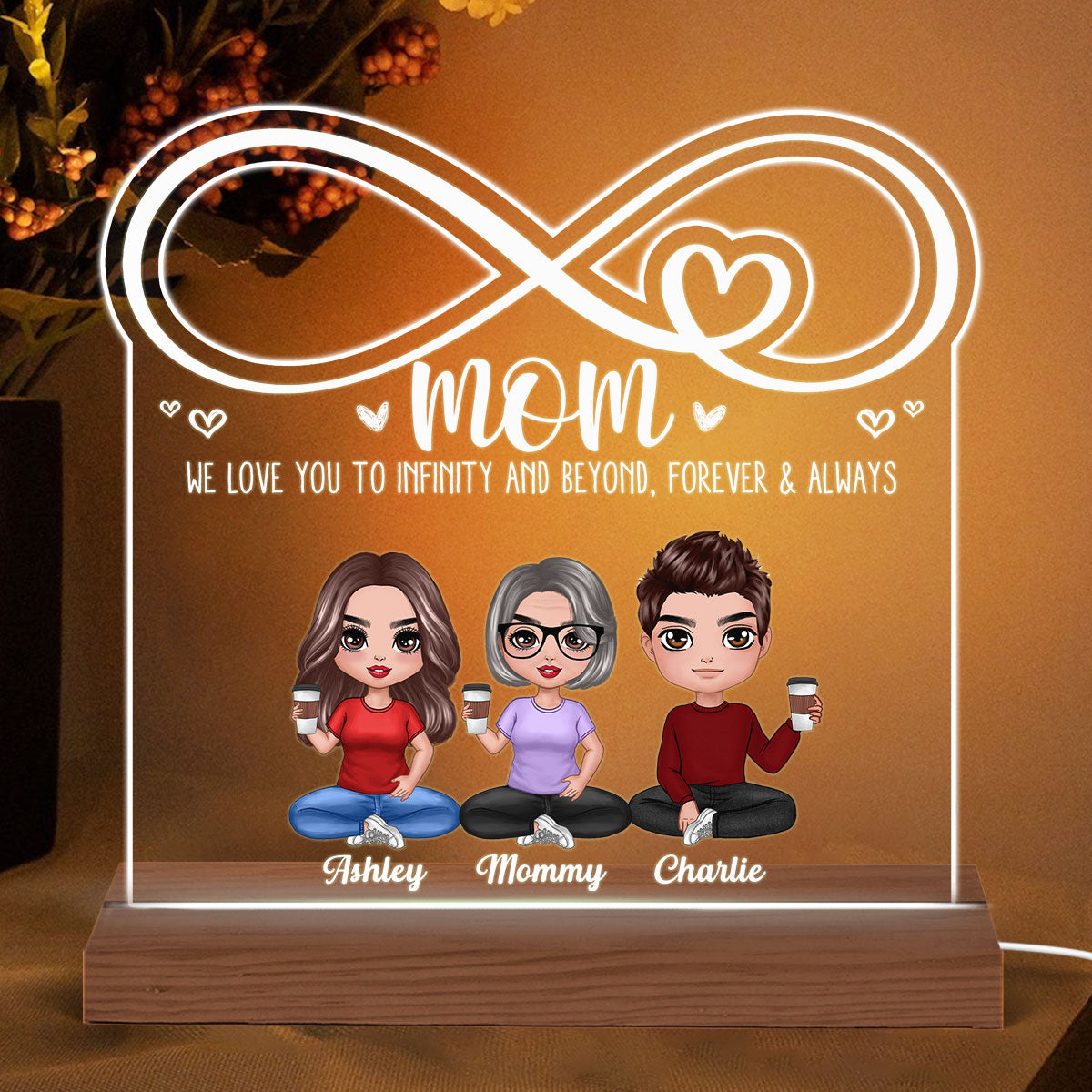 Mom We Love You To Infinity Doll Mom & Children Daughter Son Sitting Personalized Custom Shaped Acrylic Plaque With LED Night Light
