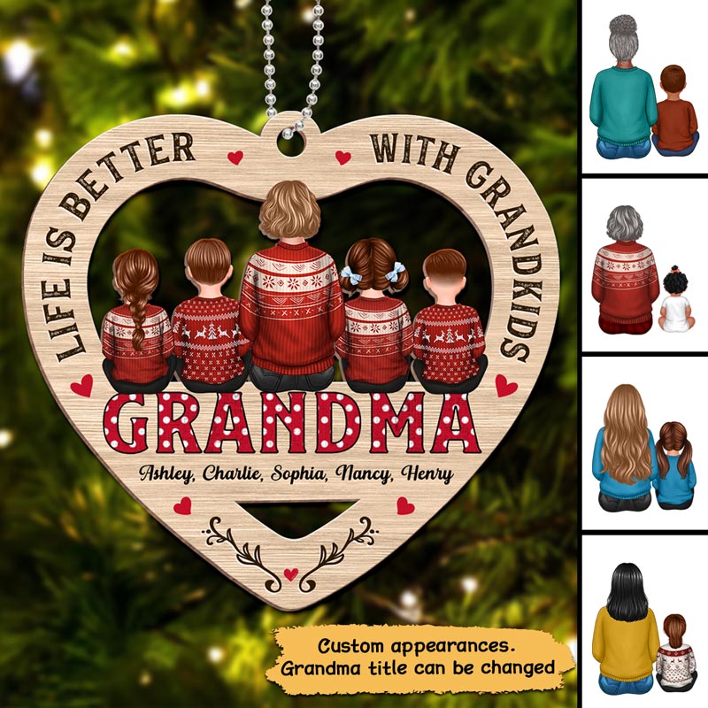 Polka Dot Grandma Grandkids Personalized Wooden Ornament