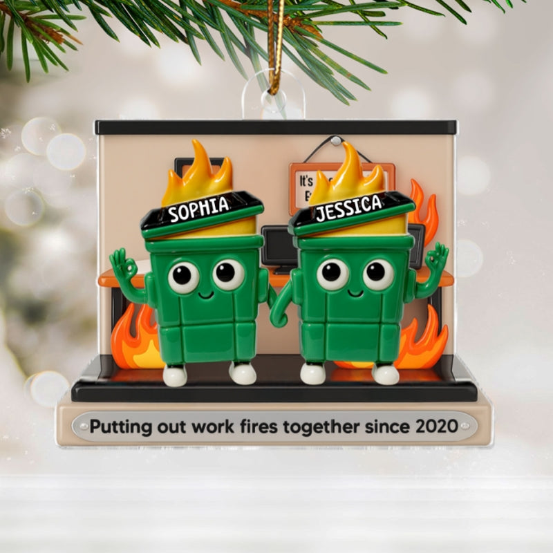 3D Effect Dumpster Fires In Office Scene - Personalized Acrylic Ornament - Funny Gift For Colleagues, Work Besties