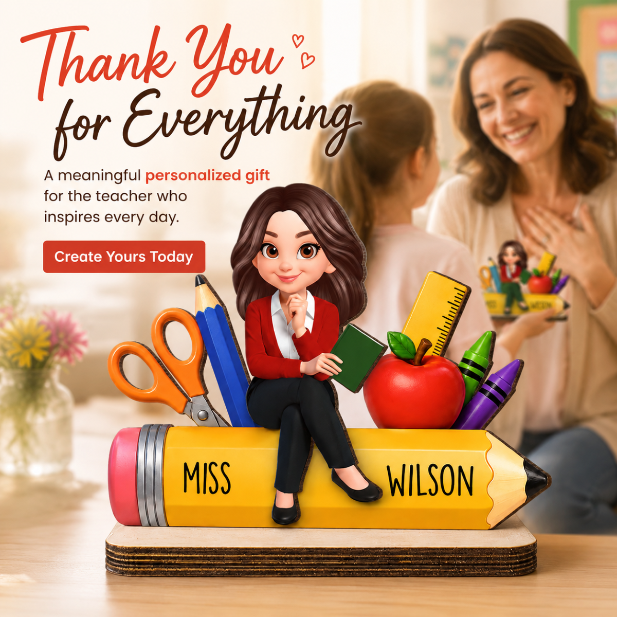 Teacher Life Pencil School Suppliers - Personalized 2-Layered Wooden Plaque - Back To School Gift For Teacher, Classroom Decor