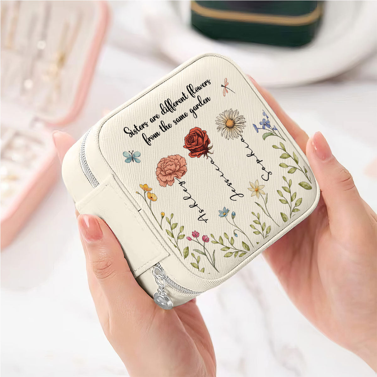 Sisters Are Different Flowers From The Same Garden Personalized Portable Jewelry Box, Birthday Gift For Sisters, Siblings, Besties or Just Because