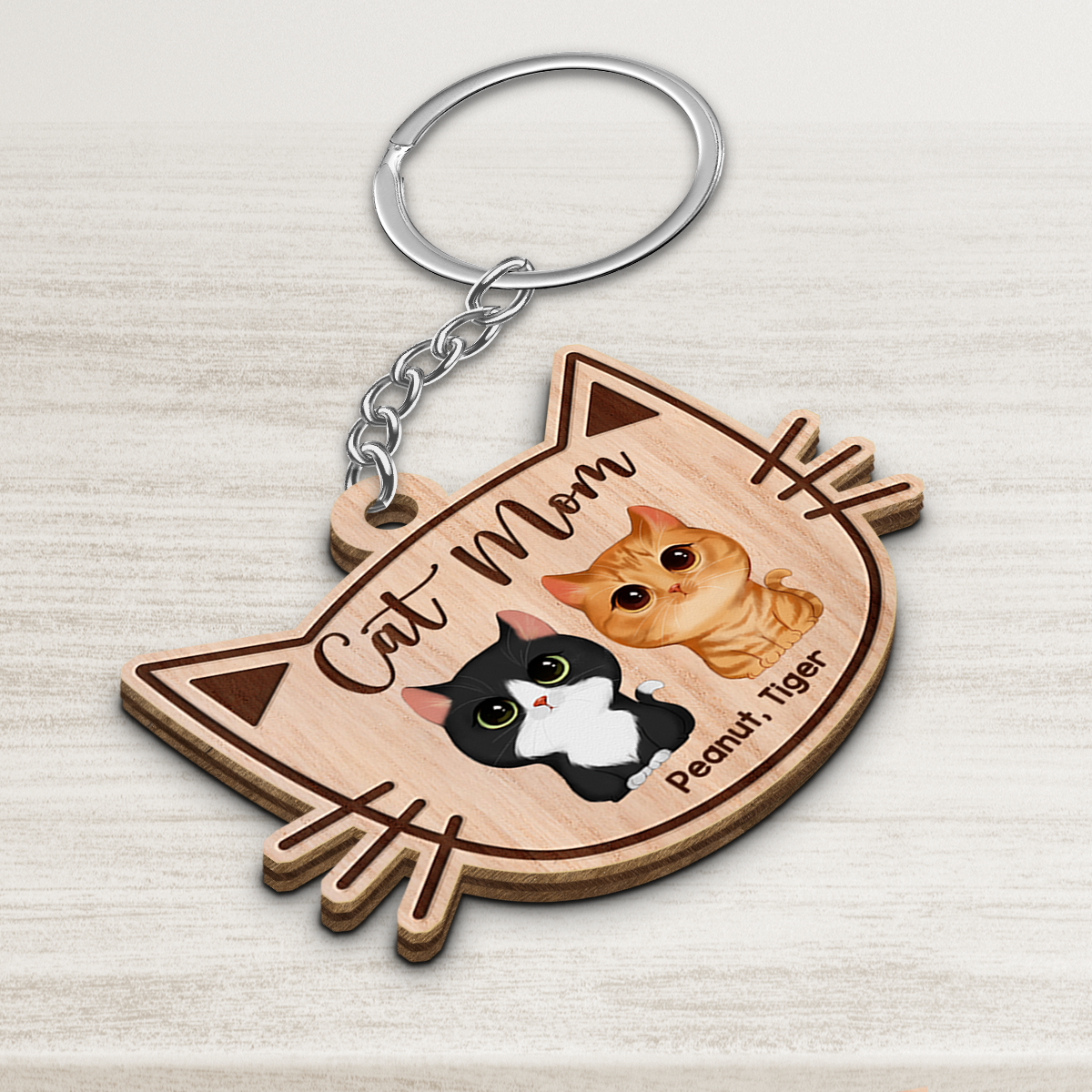 Cat Mom Watercolor Cute Cats Cat Face Shape Personalized Wooden Keychain