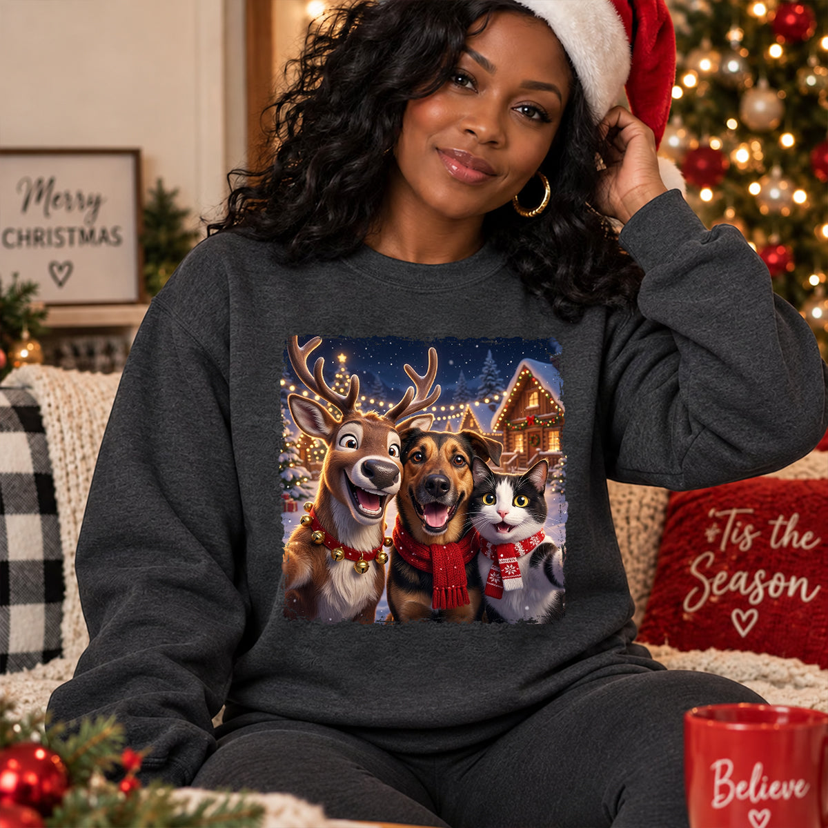 Dog Cat Selfie with Reindeer - Personalized Shirt - Funny Christmas Gift for Pet Lovers