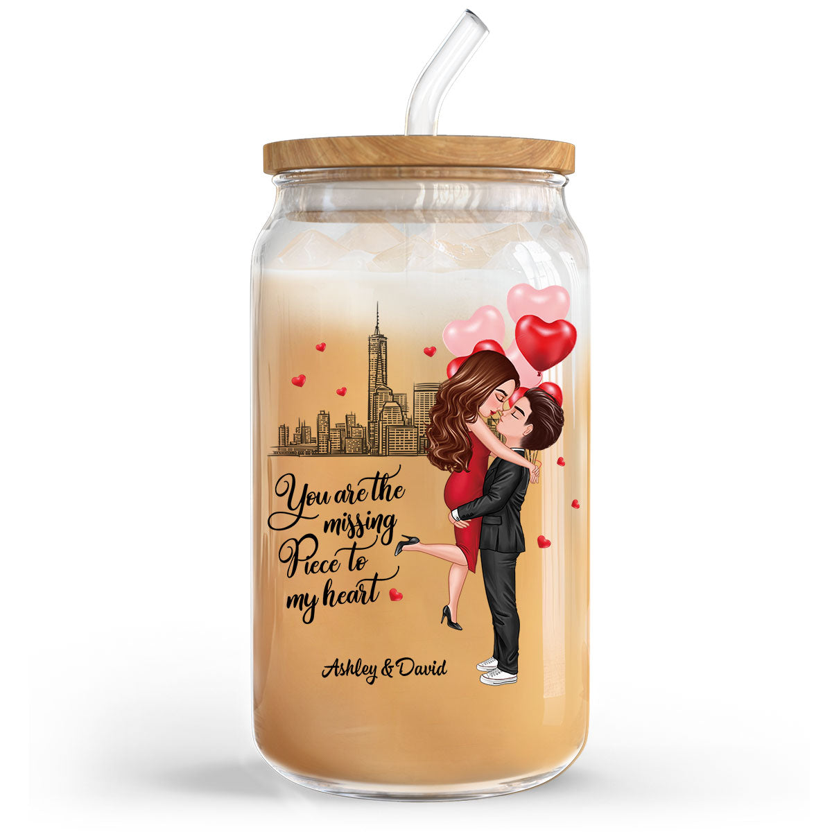Couple Hugging Kissing You‘re The Missing Piece To My Heart Personalized Clear Glass Can