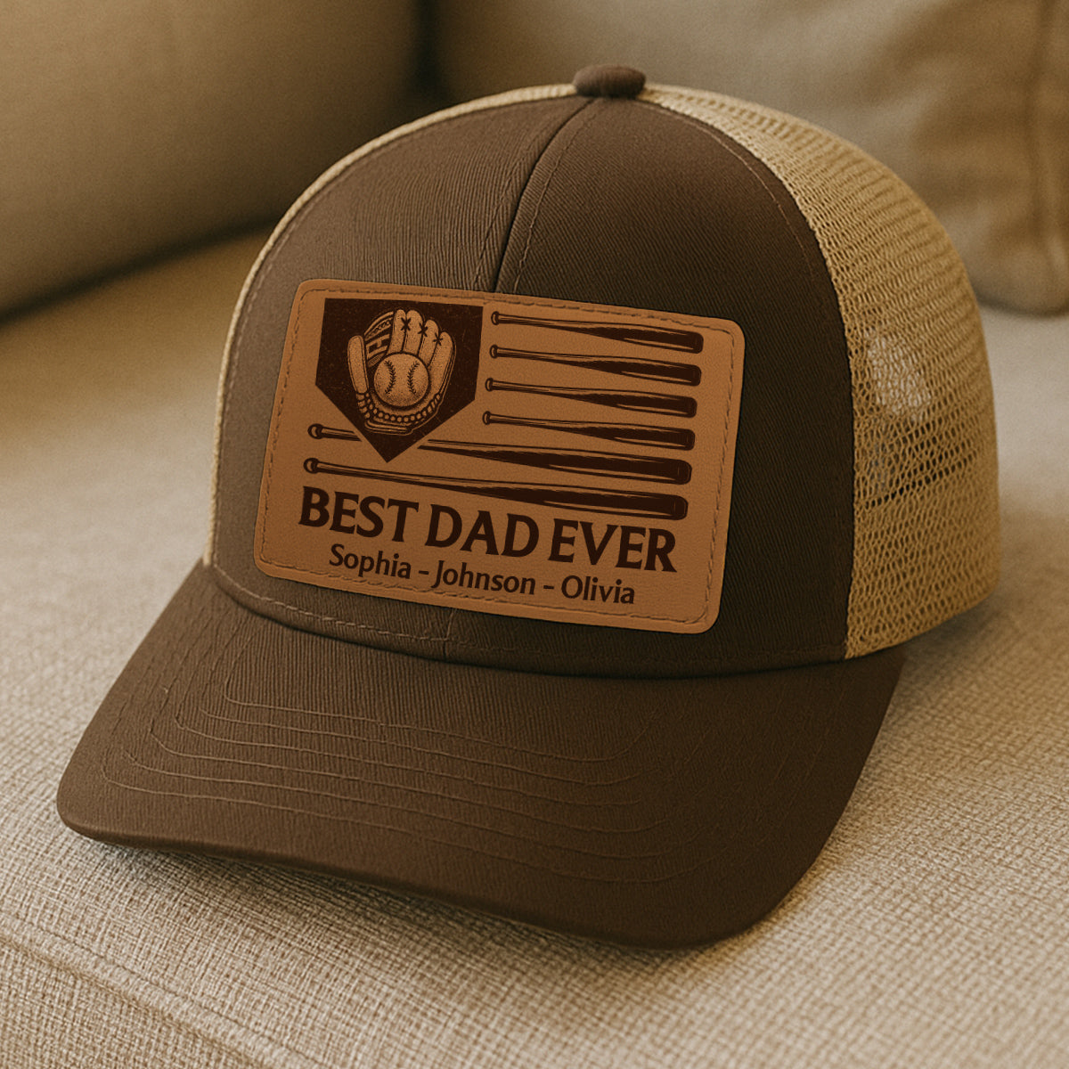 Dad's Home Run Best Dad Ever Baseball Themed Personalized Leather Patch Hat