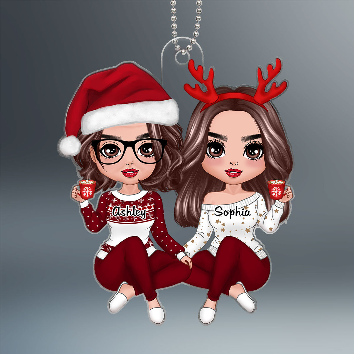 Red Clothes Doll Mom Daughter Sitting Christmas Gift Personalized Acrylic Ornament