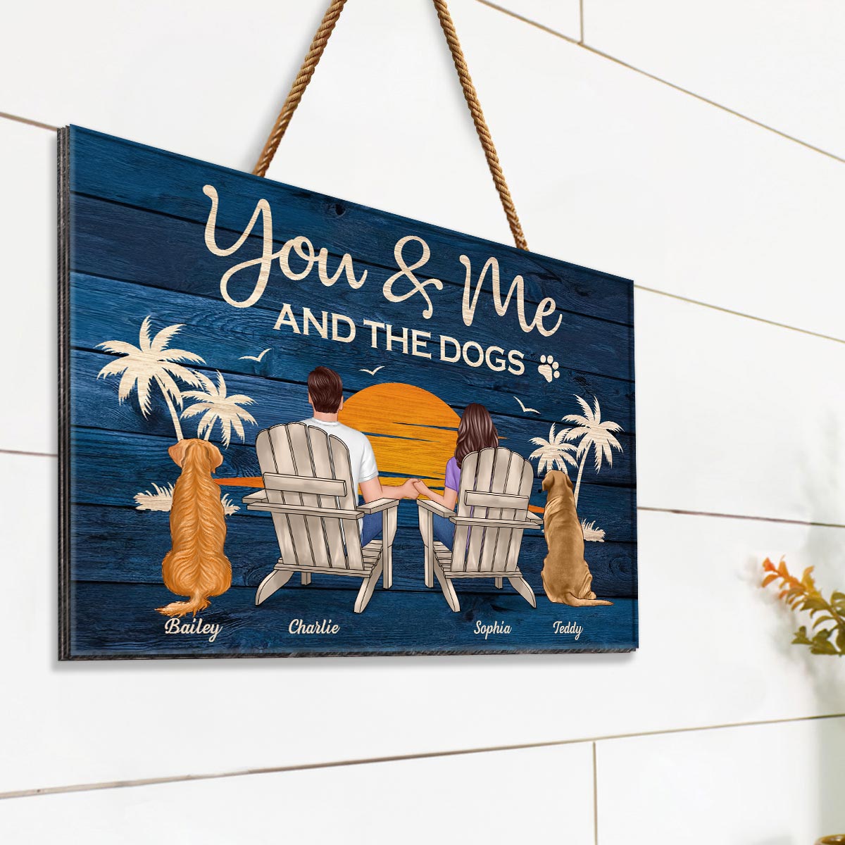 You & Me and The Dogs Couple Sitting Personalized Wood Sign