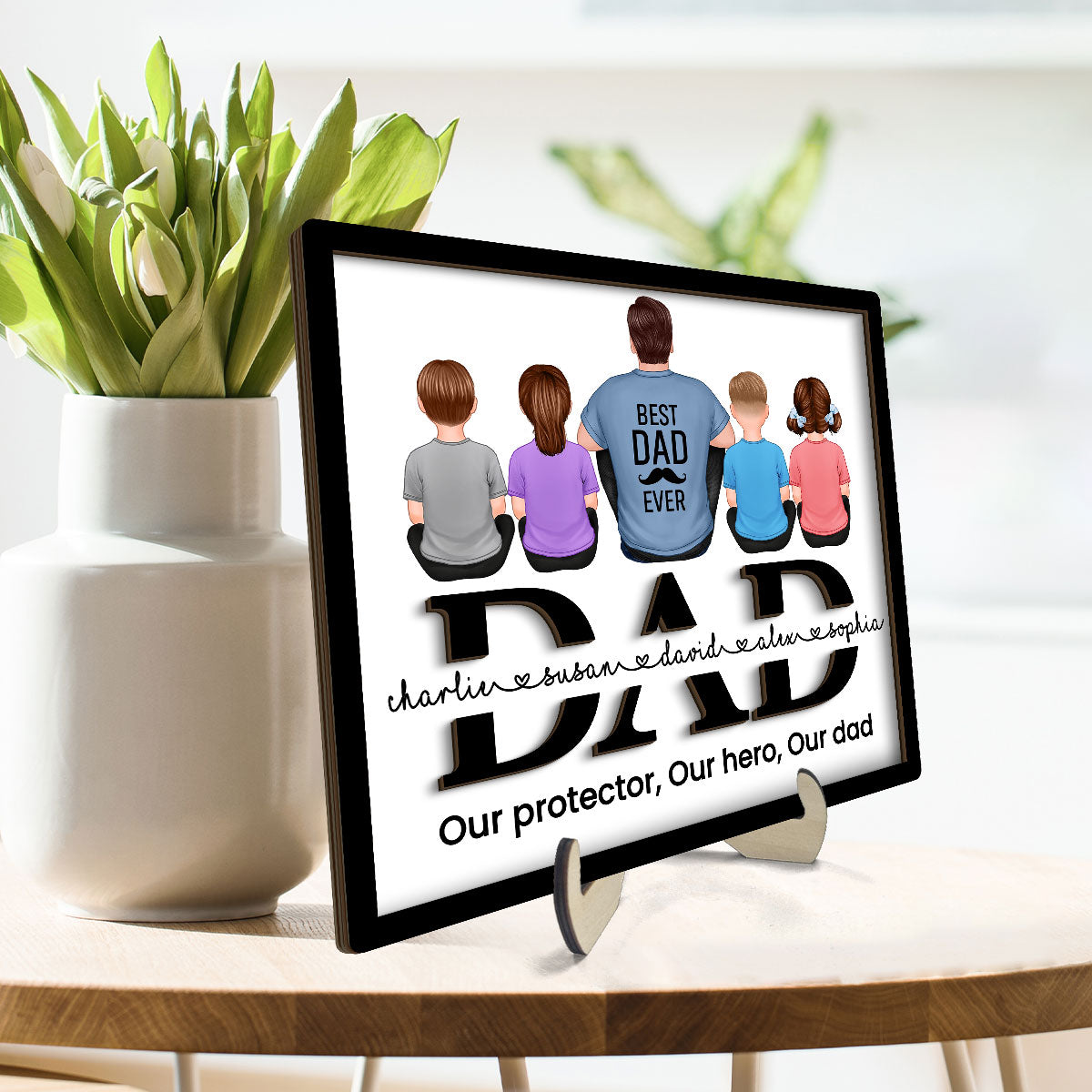 Dad And Kids Back View Sitting On Text Personalized 2-Layer Wooden Plaque