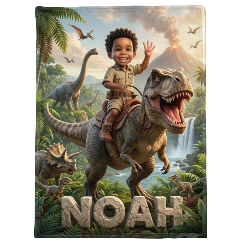 Kid Riding Dinosaur Custom Portrait from Photo - Personalized Fleece Blanket - Christmas Gift for Son, Daughter, Grandkids