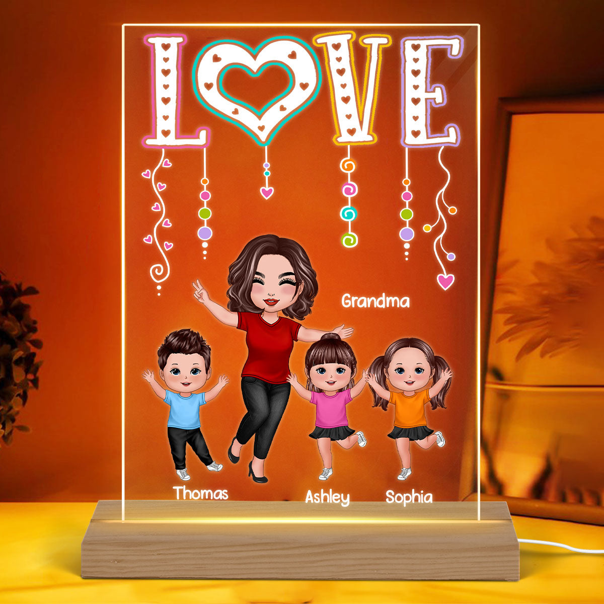 LOVE Happy Doll Grandma Mom With Kids - Personalized Acrylic Block Plaque LED Night Light
